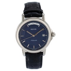 Epos Passion Day Date 39MM 3217 Blue Dial Leather Strap Steel Automatic Watch