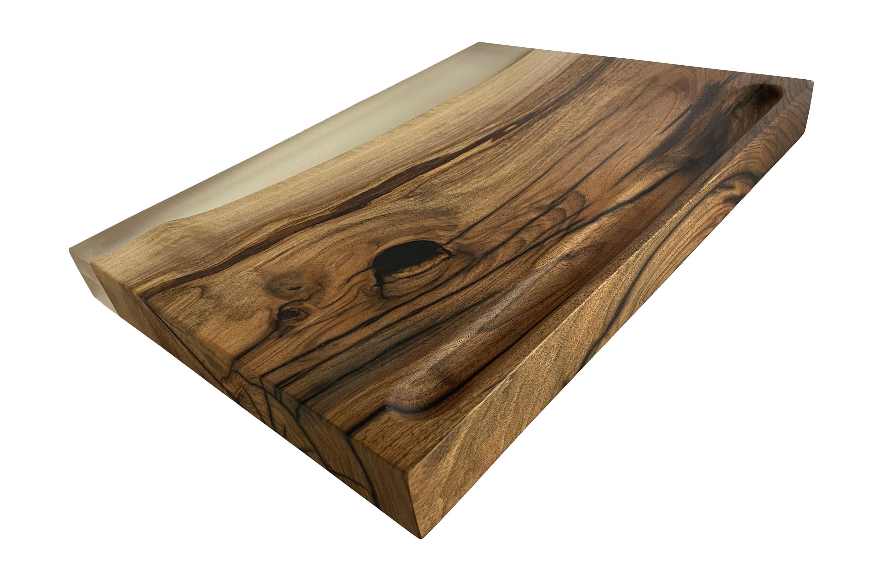 German Epoxy cast walnut cutting board with strong character For Sale