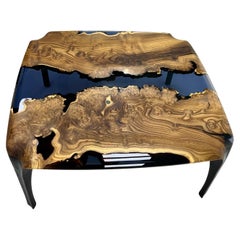 Live Edge Wild Olive Wood and Epoxy Waterfall Coffee Table, Modern Center Table
