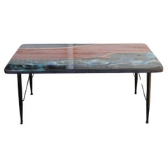 Epoxy Resin Coffee Table w/ Abstract Design Top and Metal Legs