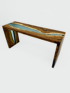 Custom Live Edge Hackberry Wood and Epoxy Resin Waterfall Console Table