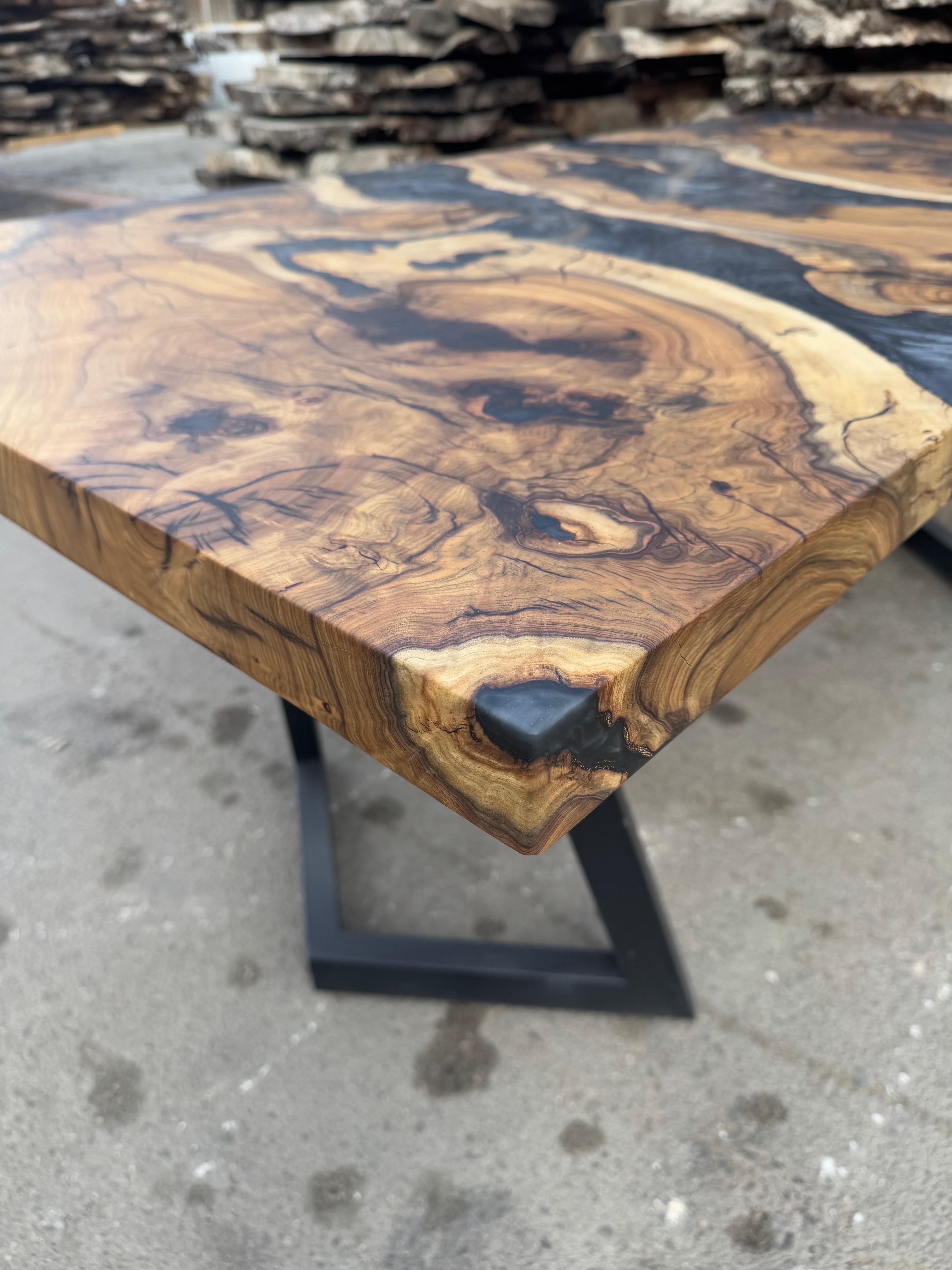 Epoxy Table, Metallic Black Resin Dining Table, Wood River Table For Sale 2