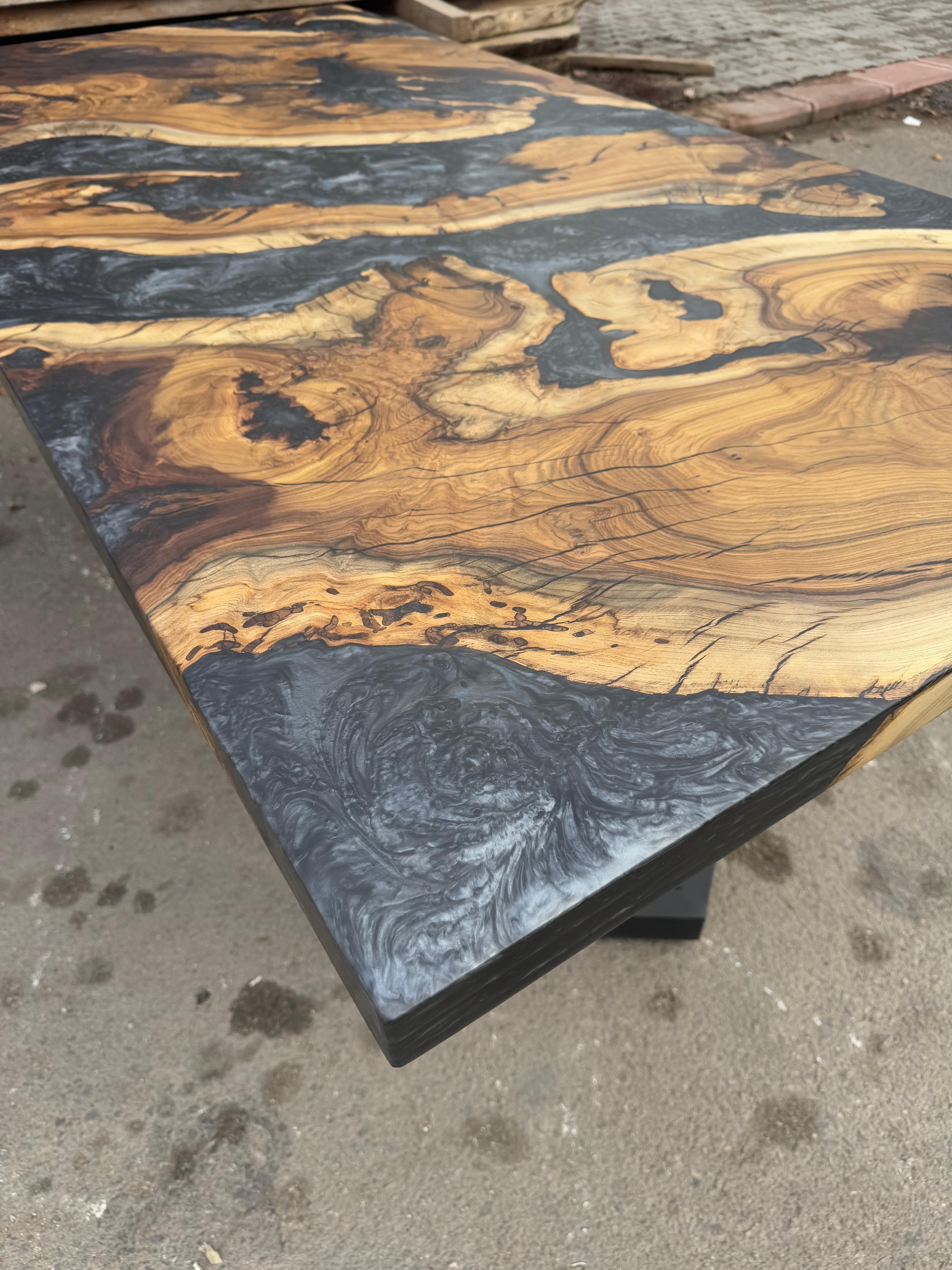 Turkish Epoxy Table, Metallic Black Resin Dining Table, Wood River Table For Sale