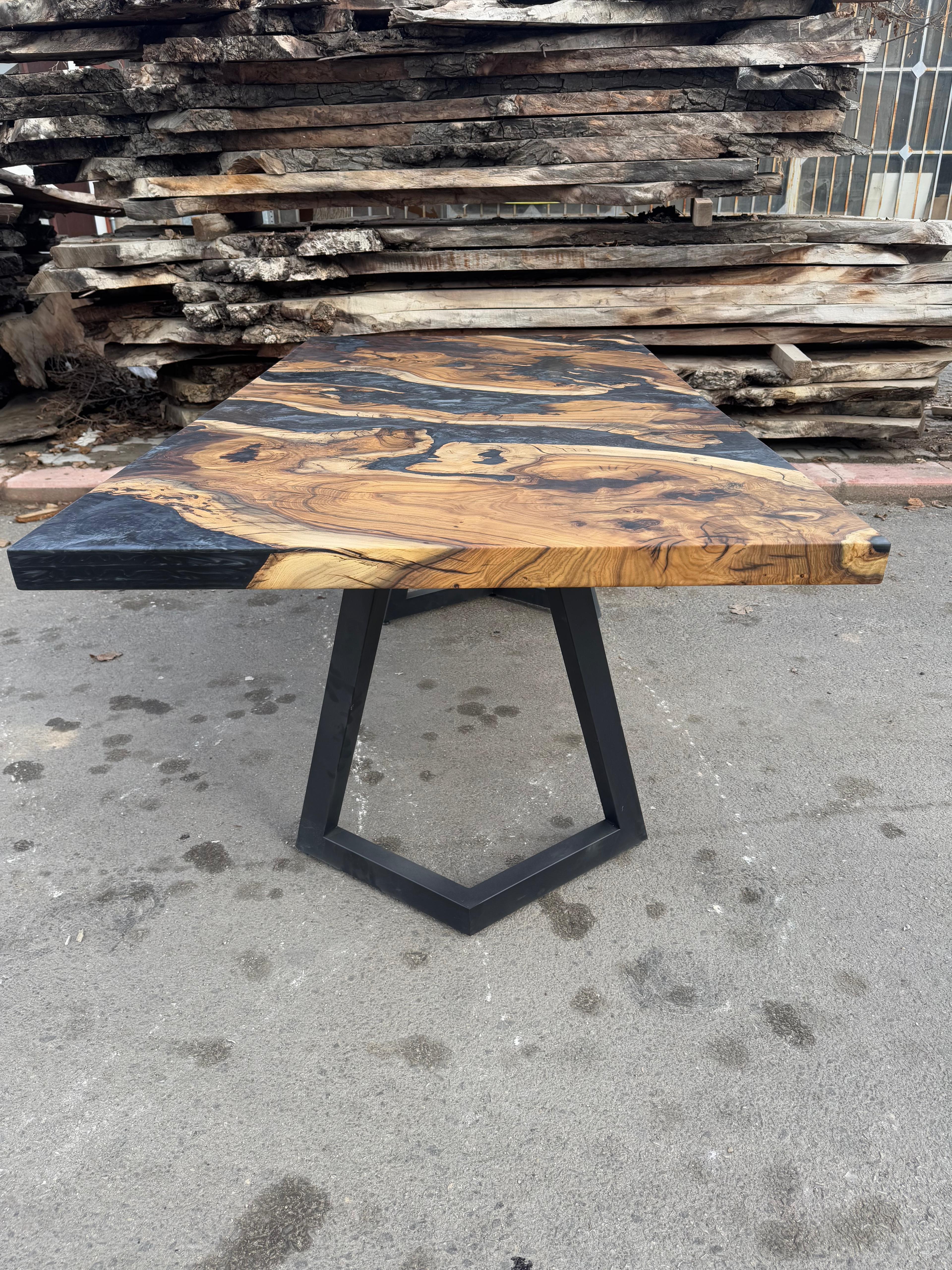 Brushed Epoxy Table, Metallic Black Resin Dining Table, Wood River Table For Sale