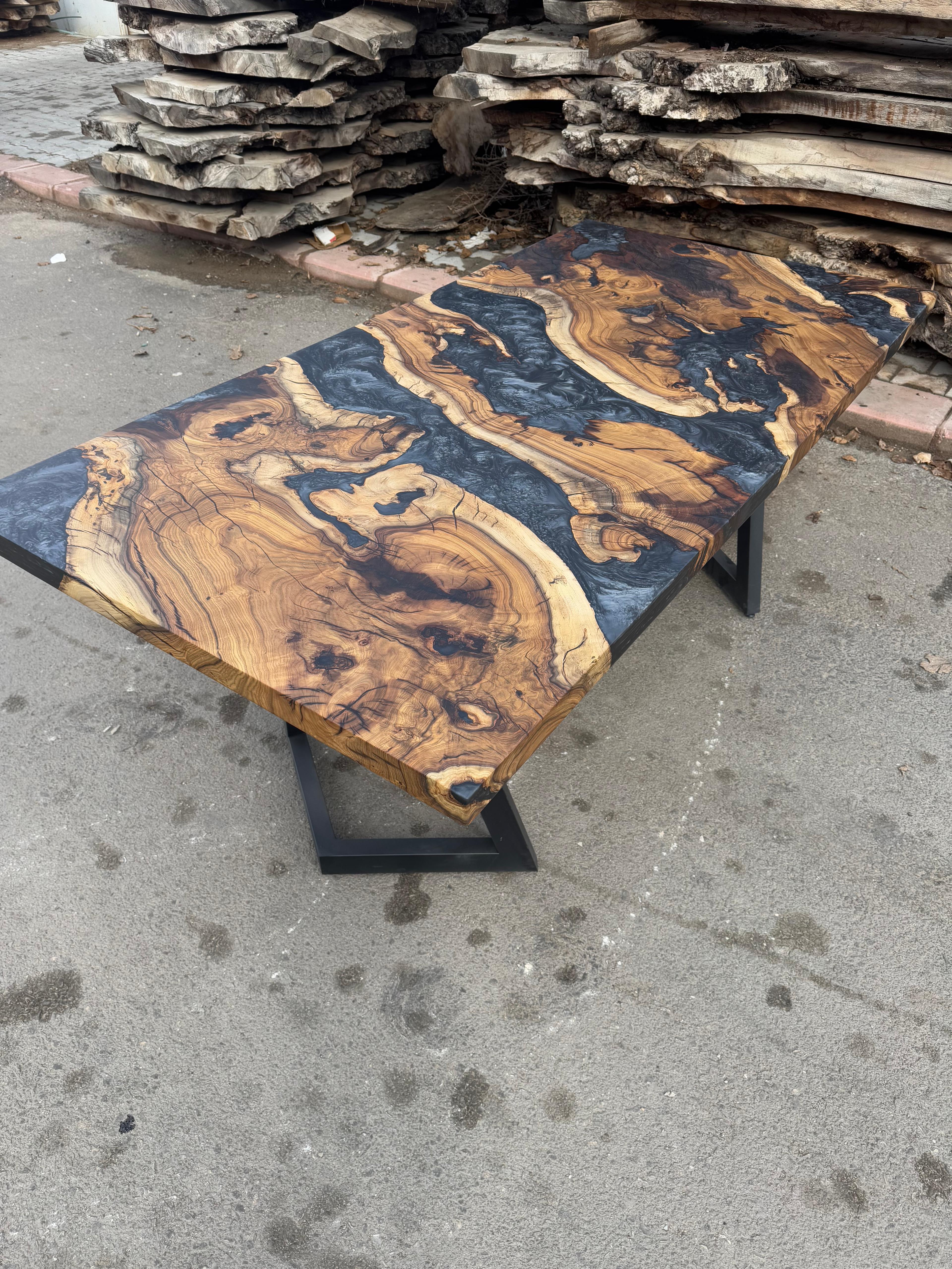 Epoxy Table, Metallic Black Resin Dining Table, Wood River Table In New Condition For Sale In İnegöl, TR