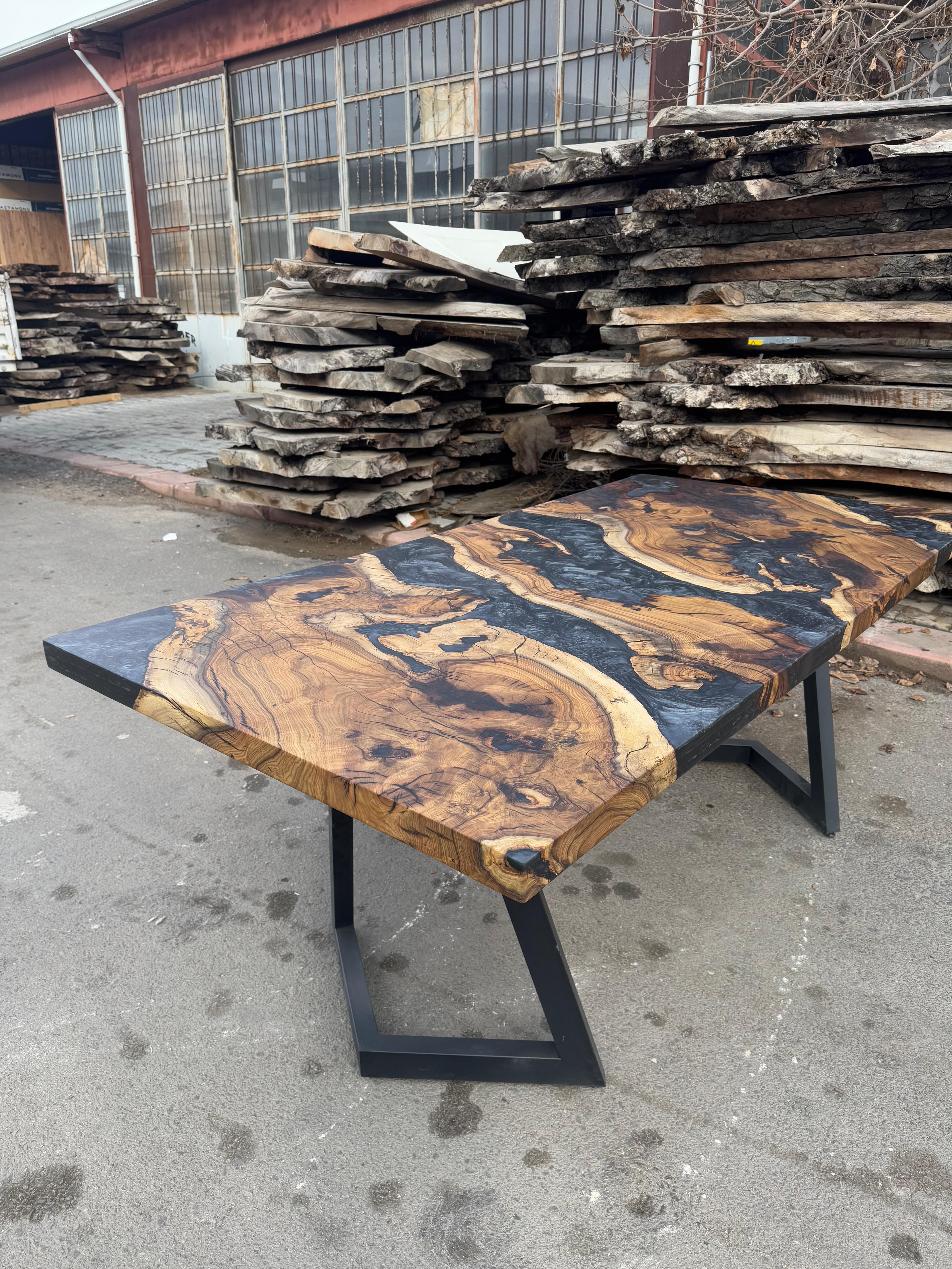 Contemporary Epoxy Table, Metallic Black Resin Dining Table, Wood River Table For Sale