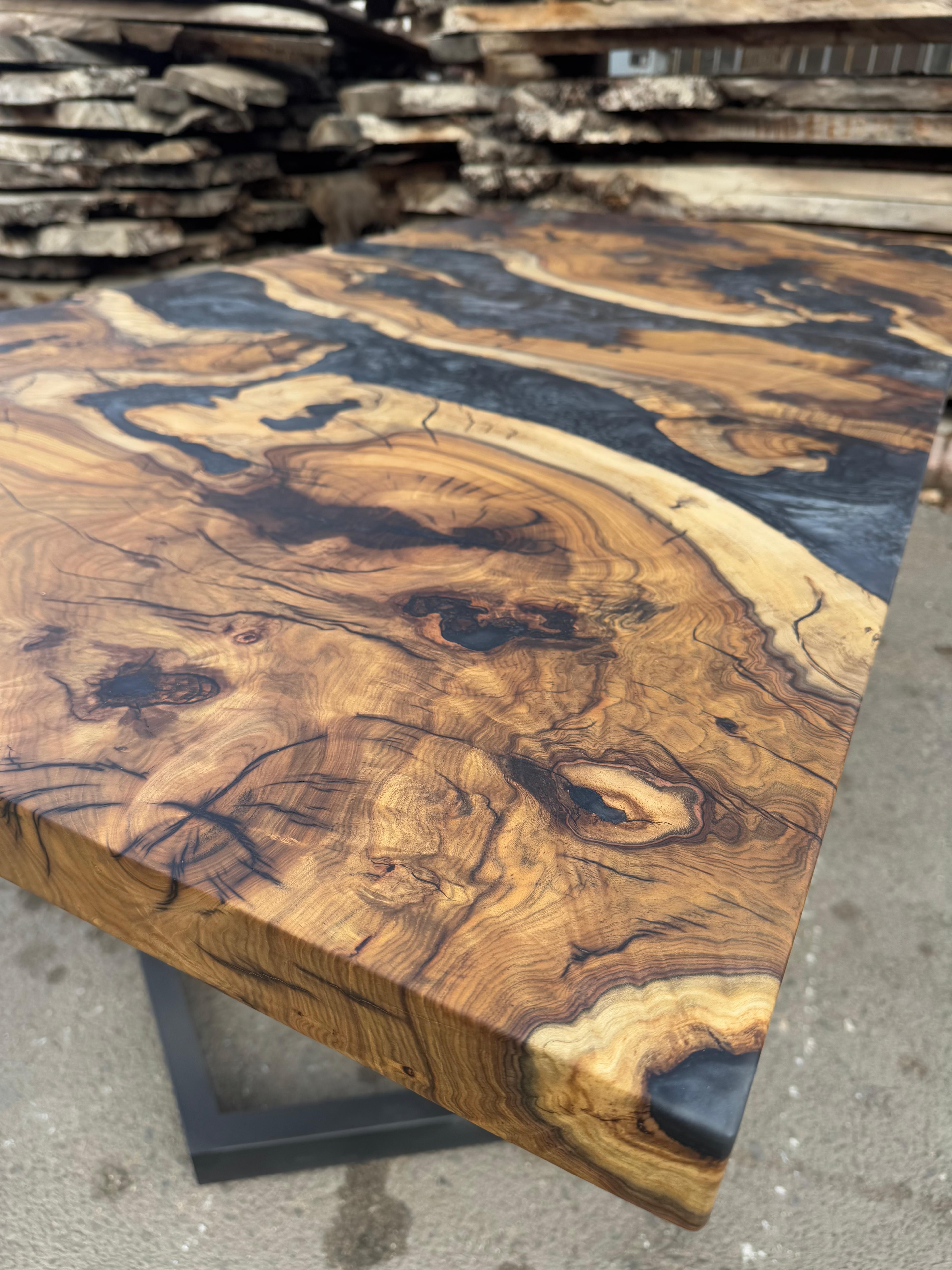 Epoxy Resin Epoxy Table, Metallic Black Resin Dining Table, Wood River Table For Sale