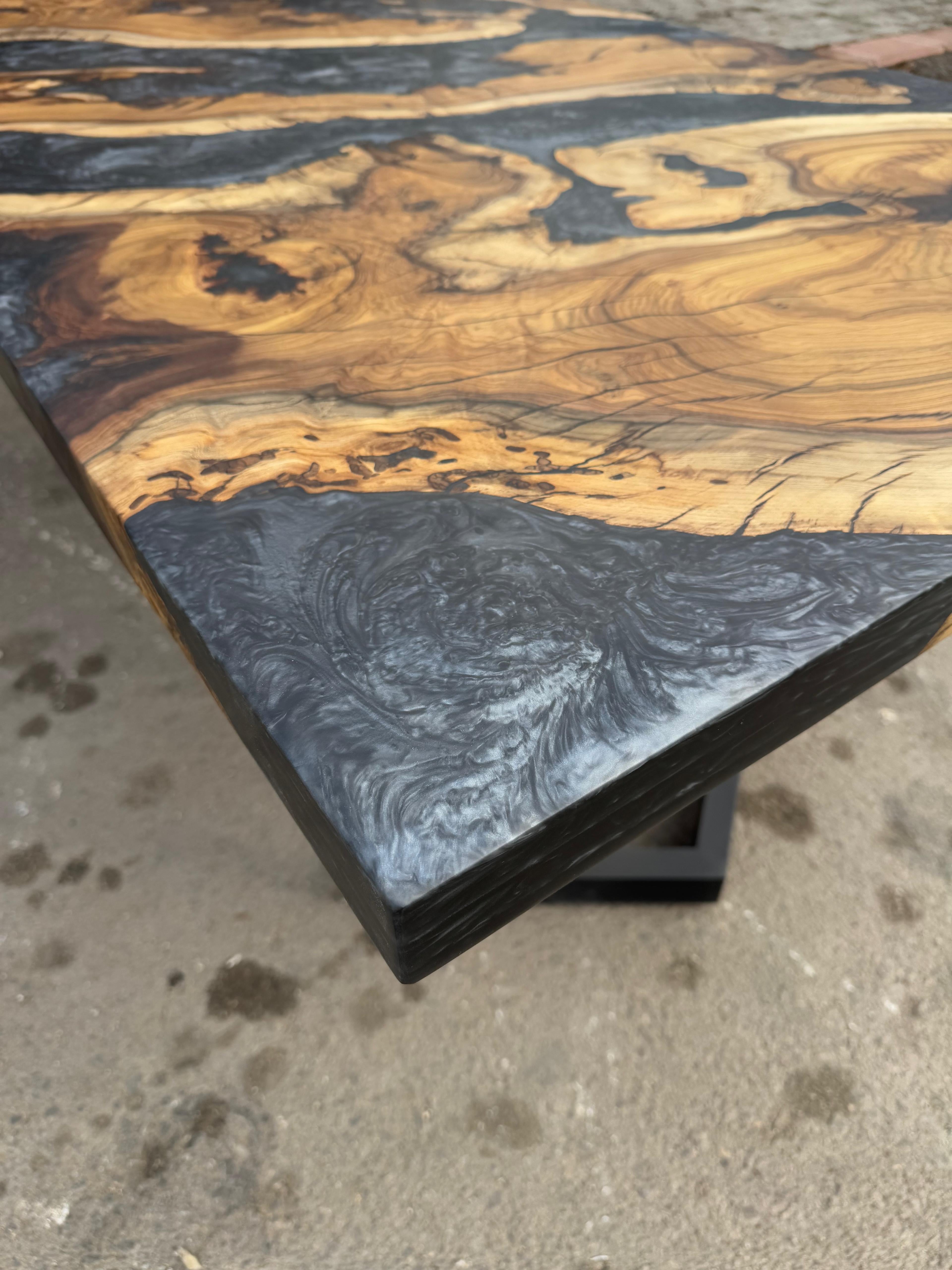 Epoxy Table, Metallic Black Resin Dining Table, Wood River Table For Sale 1