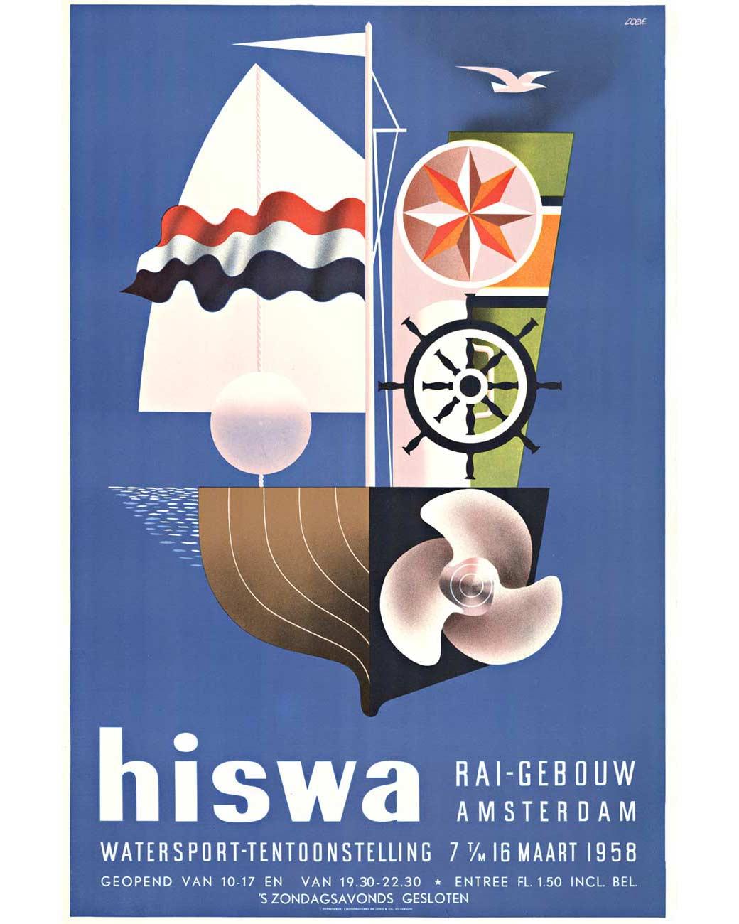 Original HISWA RAI-Gebouw, Amsterdam vintage sports poster.    Also referred to as: HISWA Amsterdam Boat Show.   The last boat show was in March 2020, and this iconic event is not being held anymore.   Archival linen backed, very good condition,