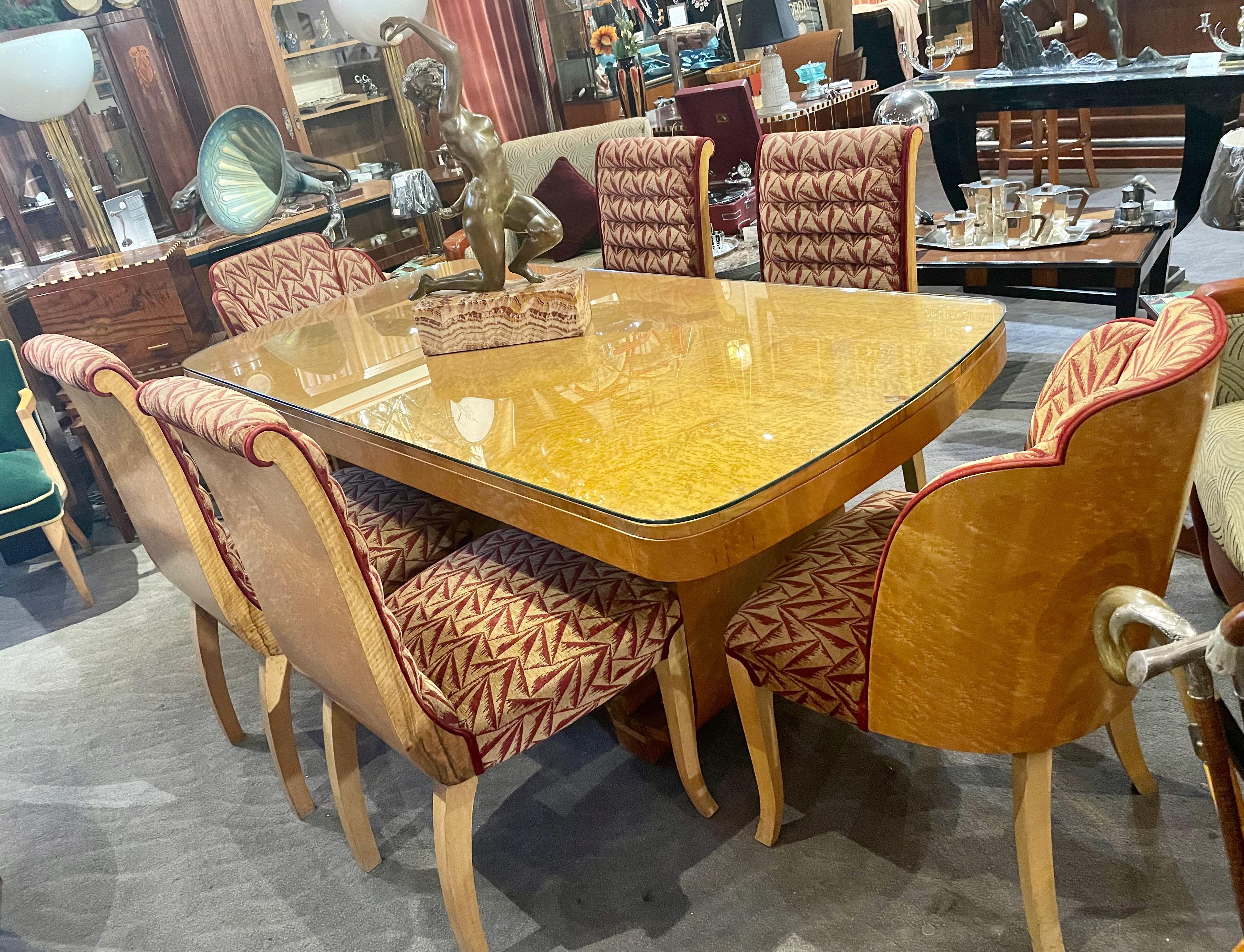 This is all made from stunning burl walnut, the dining table has an original custom glass top. This is in superb condition. The wood has all been re-polished to a very high standard. The chairs have original art deco style upholstery in very good