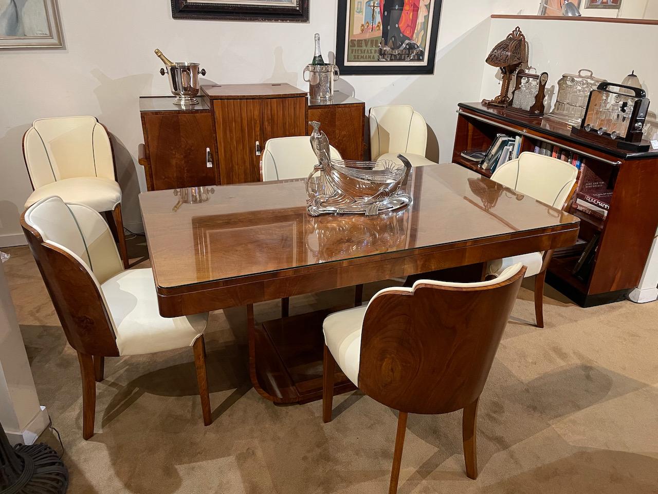 Walnut Epstein English Art Deco Dining Table with 6 Cloud Dining Chairs