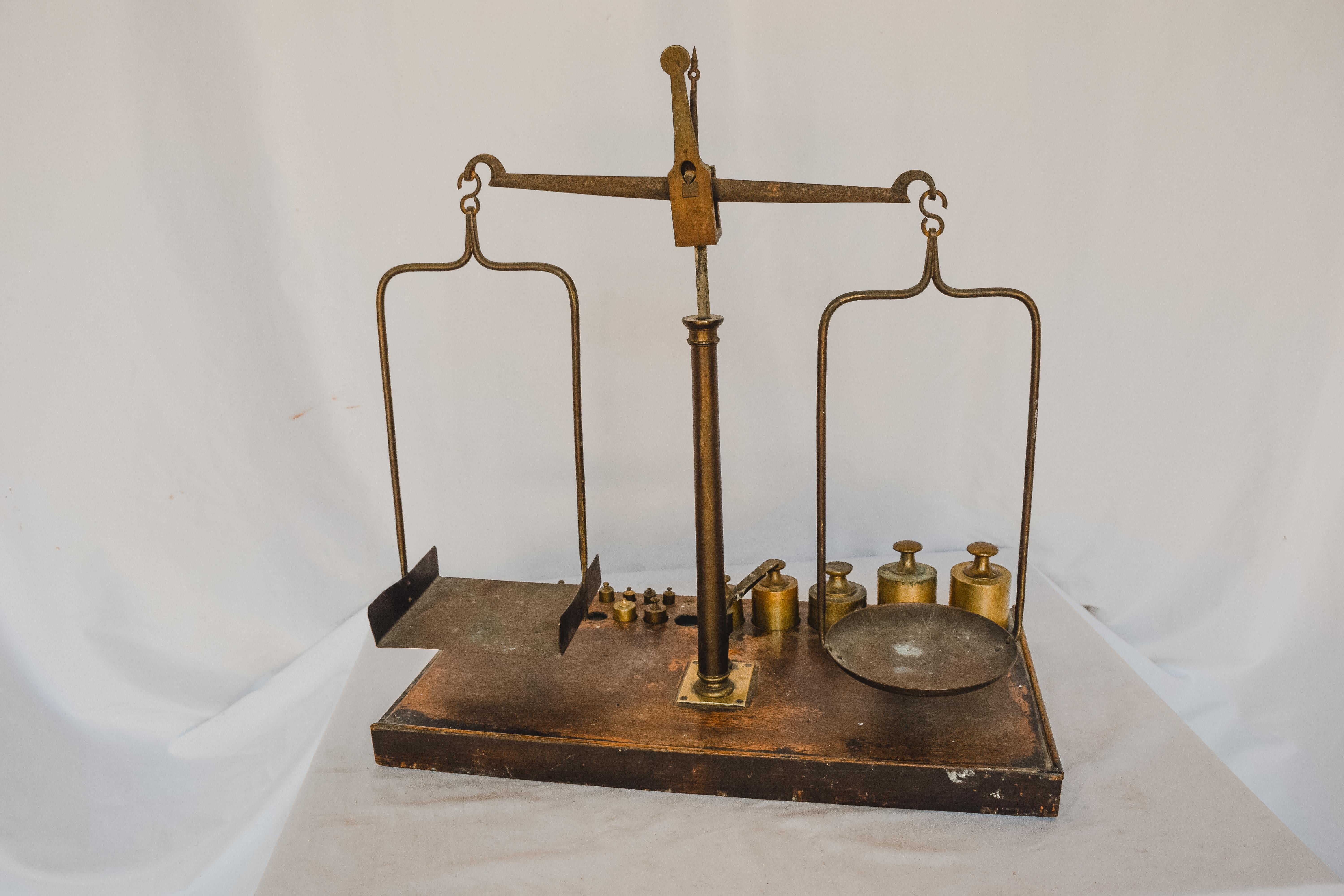 French Equal Arm Brass Scale with Weights For Sale