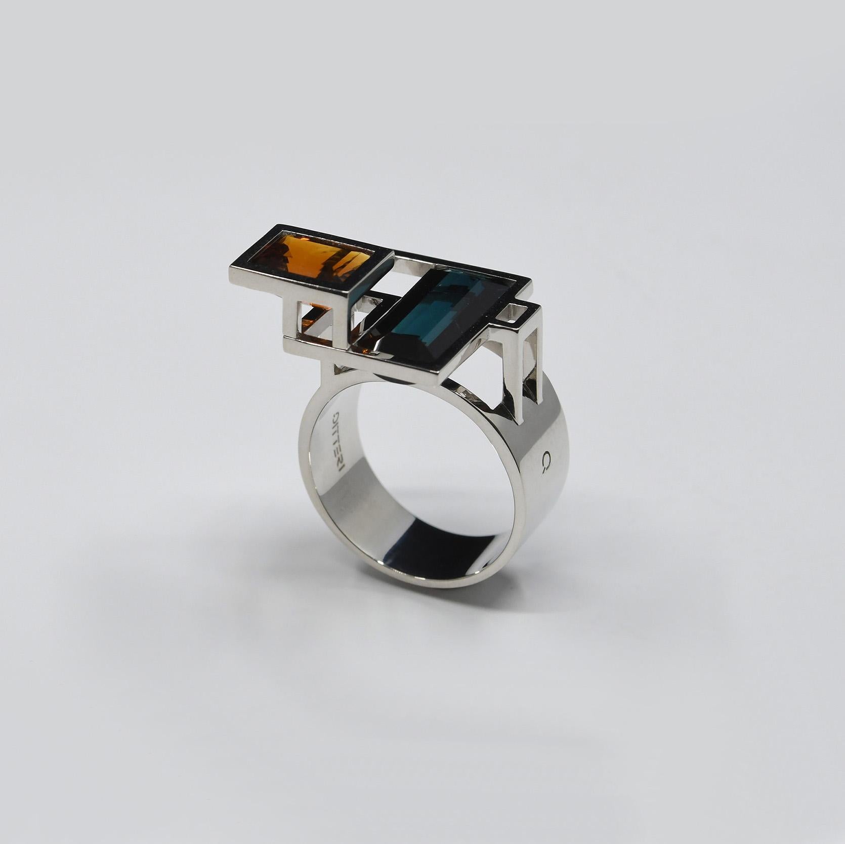 Equation Ring with 1.72 ct Spessartite Garnet, 3.66 ct Indicolite Tourmaline In New Condition For Sale In PARIS, FR