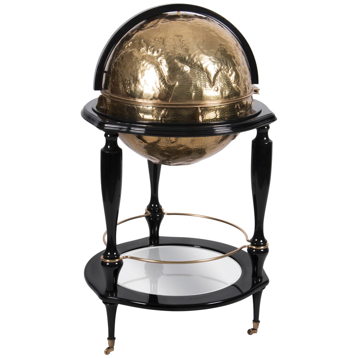 Equator Globe Bar in Black with Hand Carved Brass For Sale