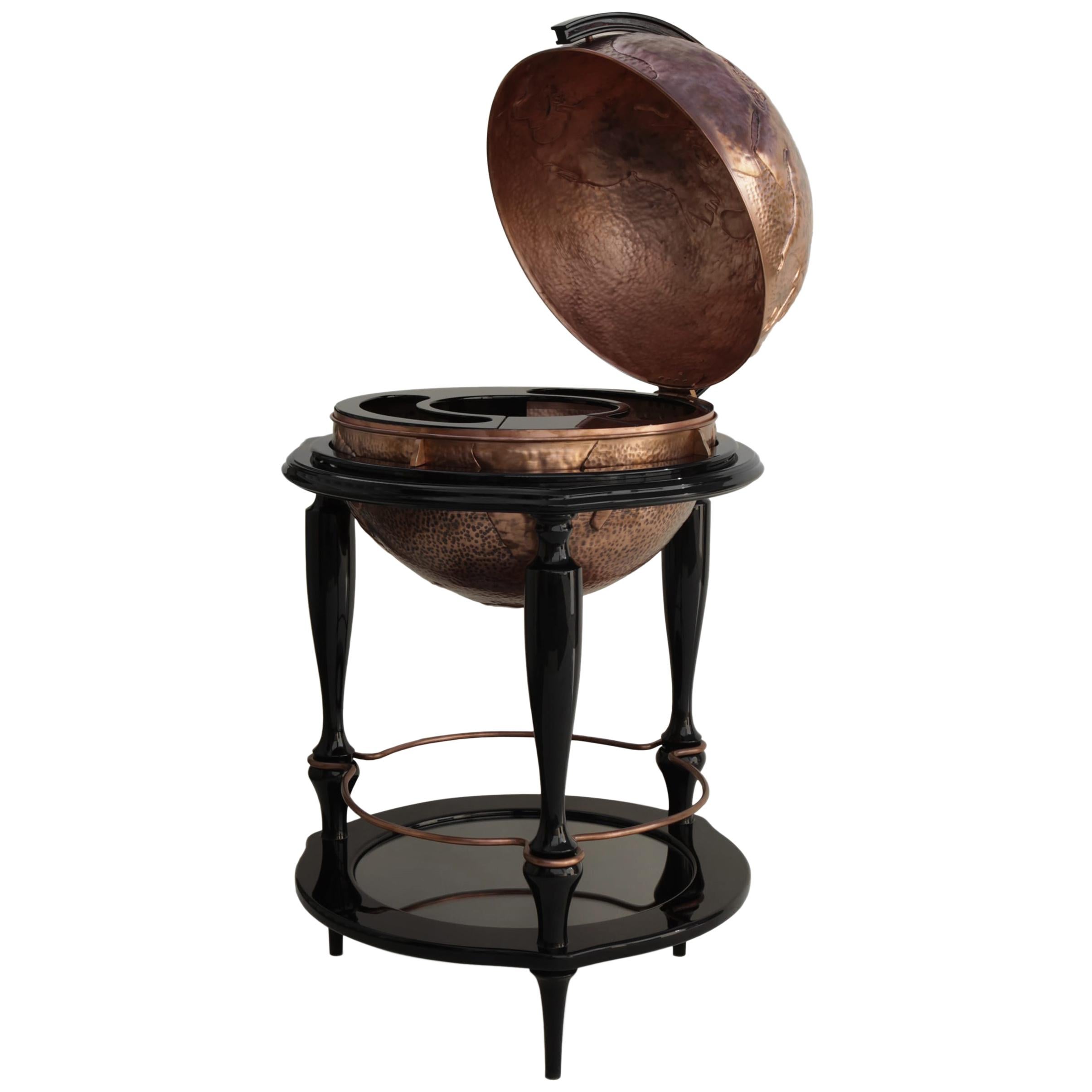 Equator Globe Bar in Black with Hand Carved Copper by Boca do Lobo For Sale