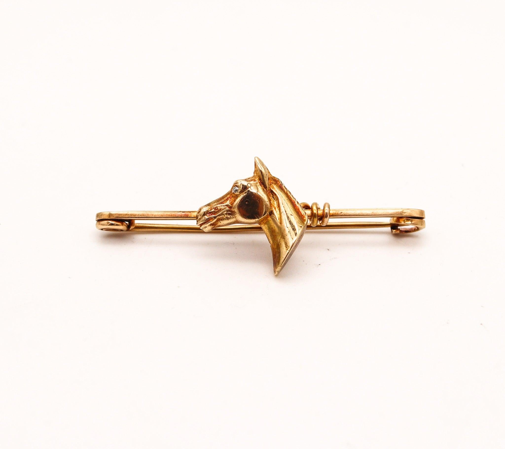 Art Deco EQUESTRIAN 1940 Horse Tie Bar Pin In 18Kt Yellow Gold With One Diamond