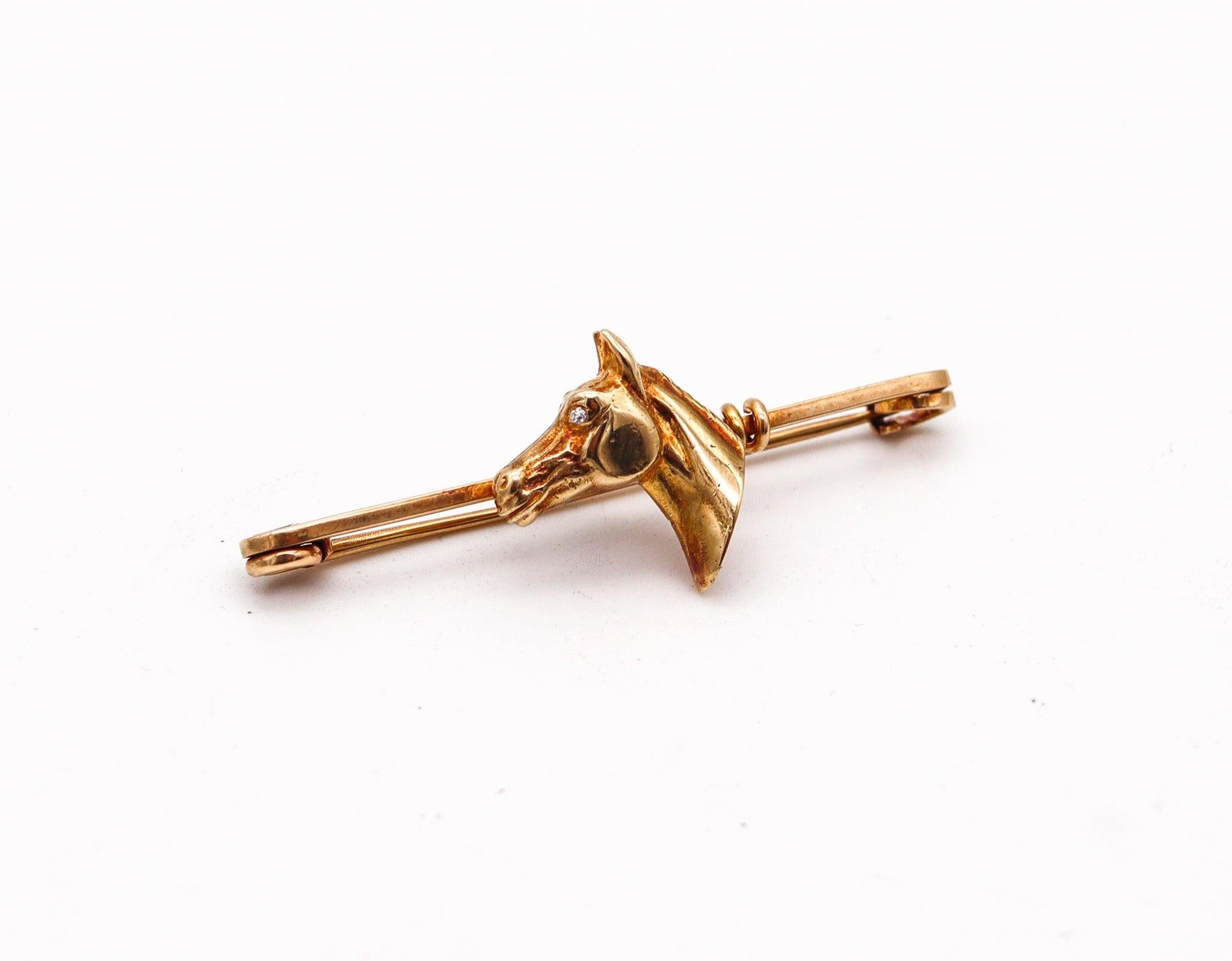 Brilliant Cut EQUESTRIAN 1940 Horse Tie Bar Pin In 18Kt Yellow Gold With One Diamond