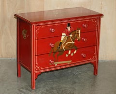 EQUESTRIAN ANTIGUO PINO VICTORIANO PINTADO A MANO CABALLO Y JOCKEY COFRE DE CAJONES