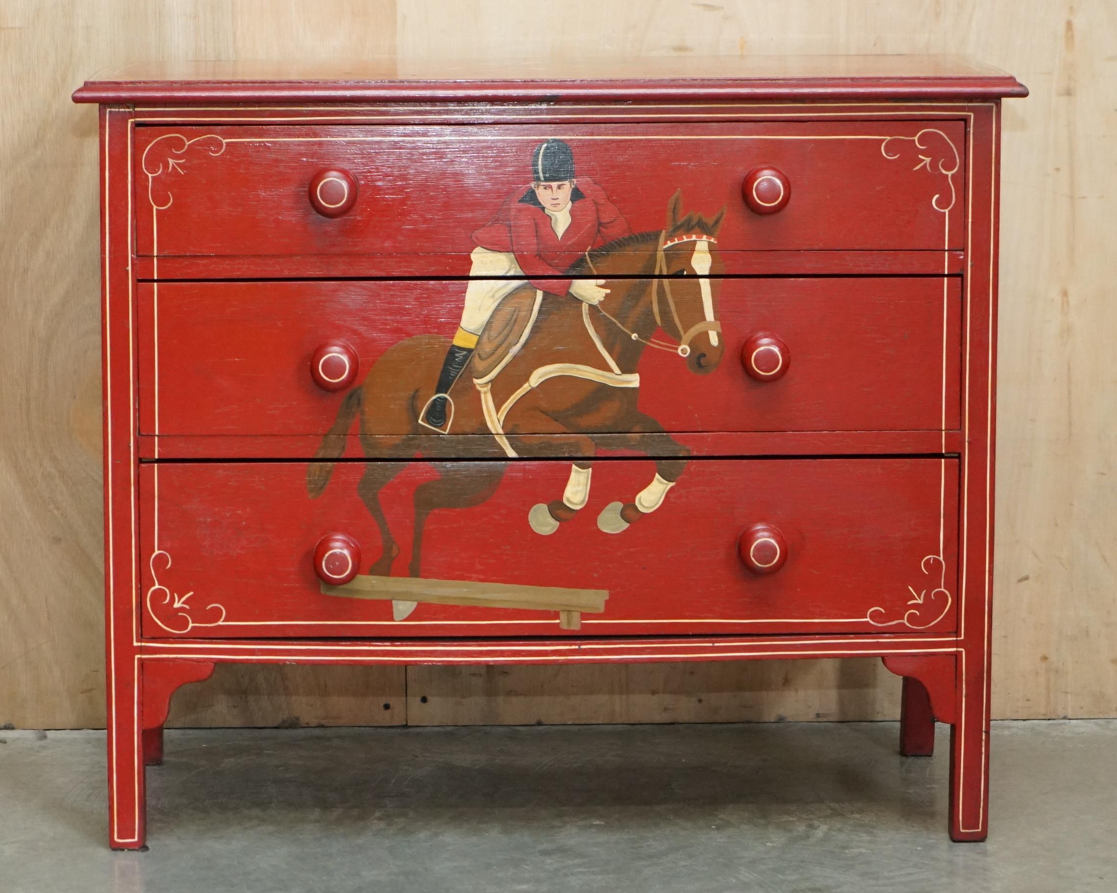 Victorian EQUESTRIAN ANTIQUE VICTORIAN PINE HAND PAINTED HORSE & JOCKEY CHEST OF DRAWERs For Sale