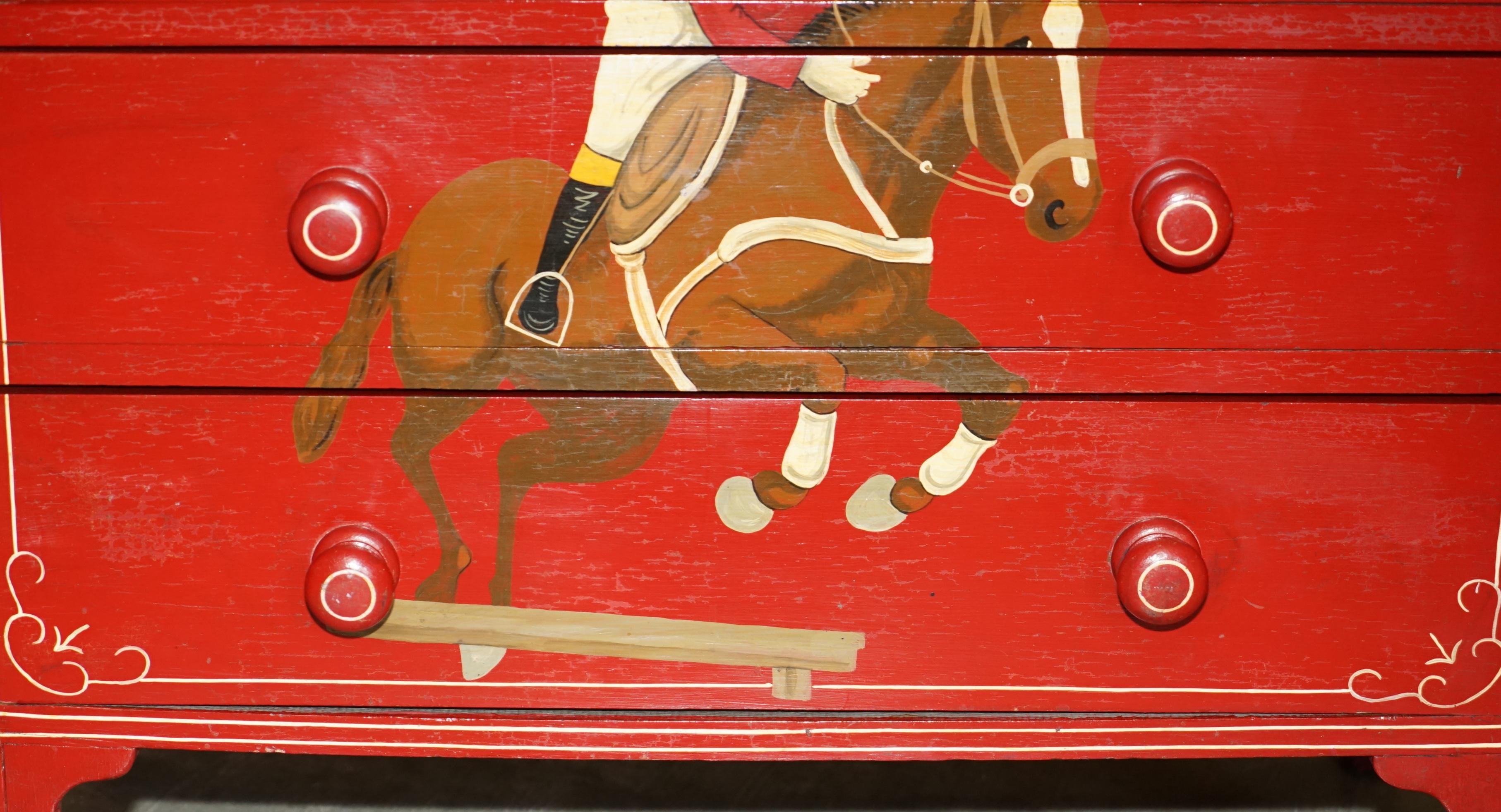 Late 19th Century EQUESTRIAN ANTIQUE VICTORIAN PINE HAND PAINTED HORSE & JOCKEY CHEST OF DRAWERs For Sale