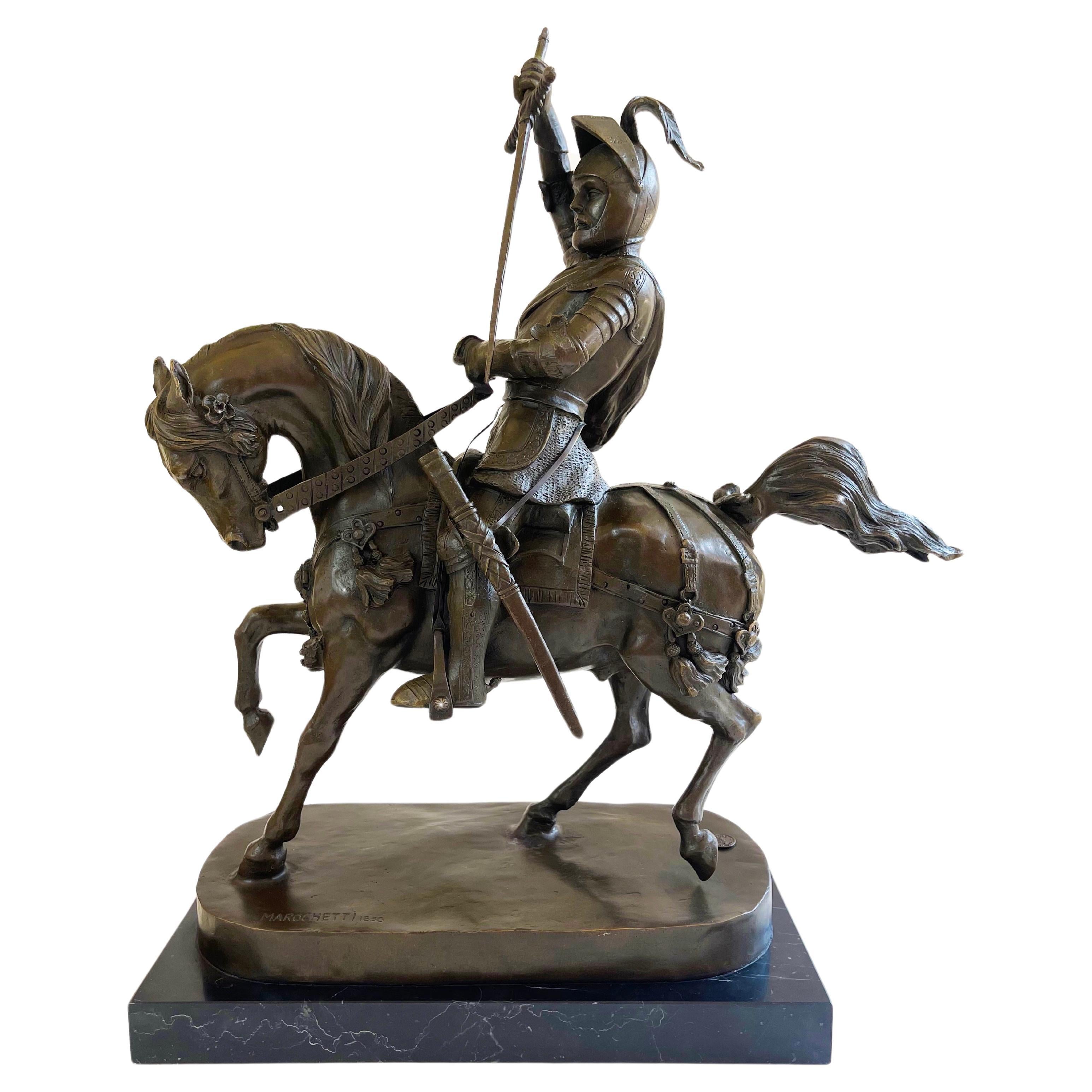 Impressionante bronzo patinato disegnato dal barone Carlo Marochetti nel 1838, raffigurante 
Emmanuel-Philibert de Savoie, 10° duca di Savoy.
Questa imponente scultura presenta una patina neutra, mediamente scura, ed è stata fusa in 
Parigi di J. B.