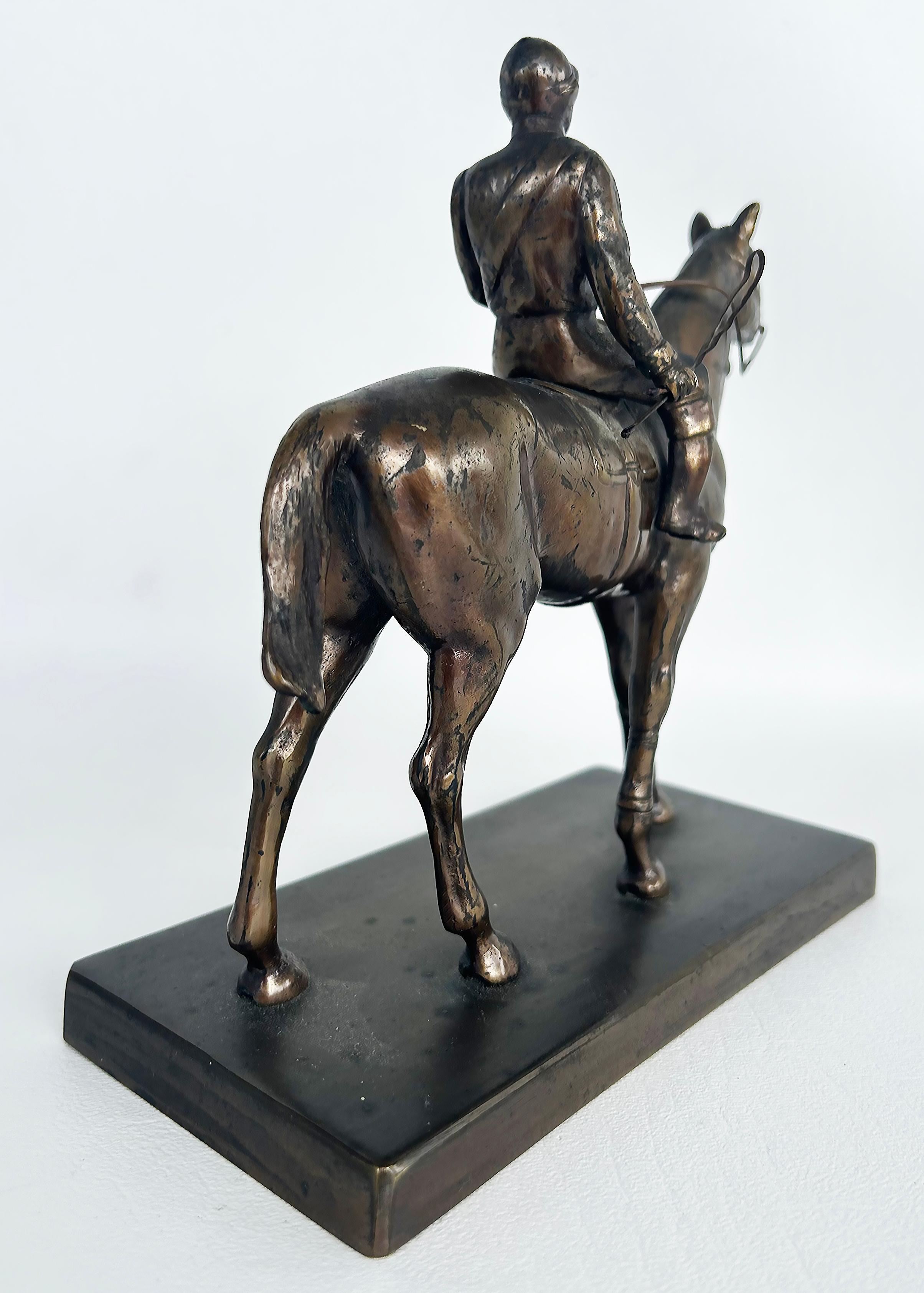 Cast Equestrian Bronze Figurative Racehorse and Jockey Sculpture Statue For Sale