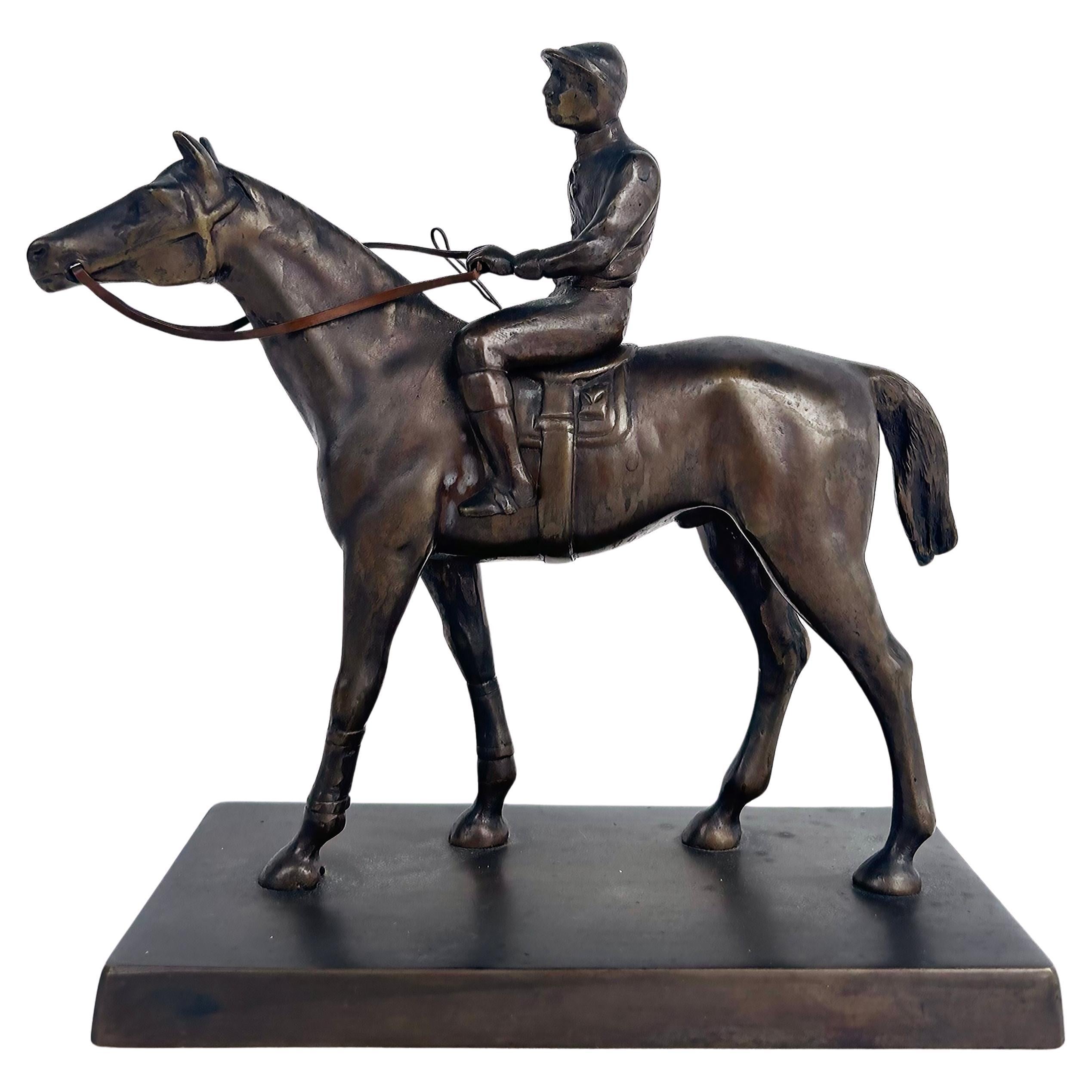 Equestrian Bronze Figurative Racehorse and Jockey Sculpture Statue For Sale