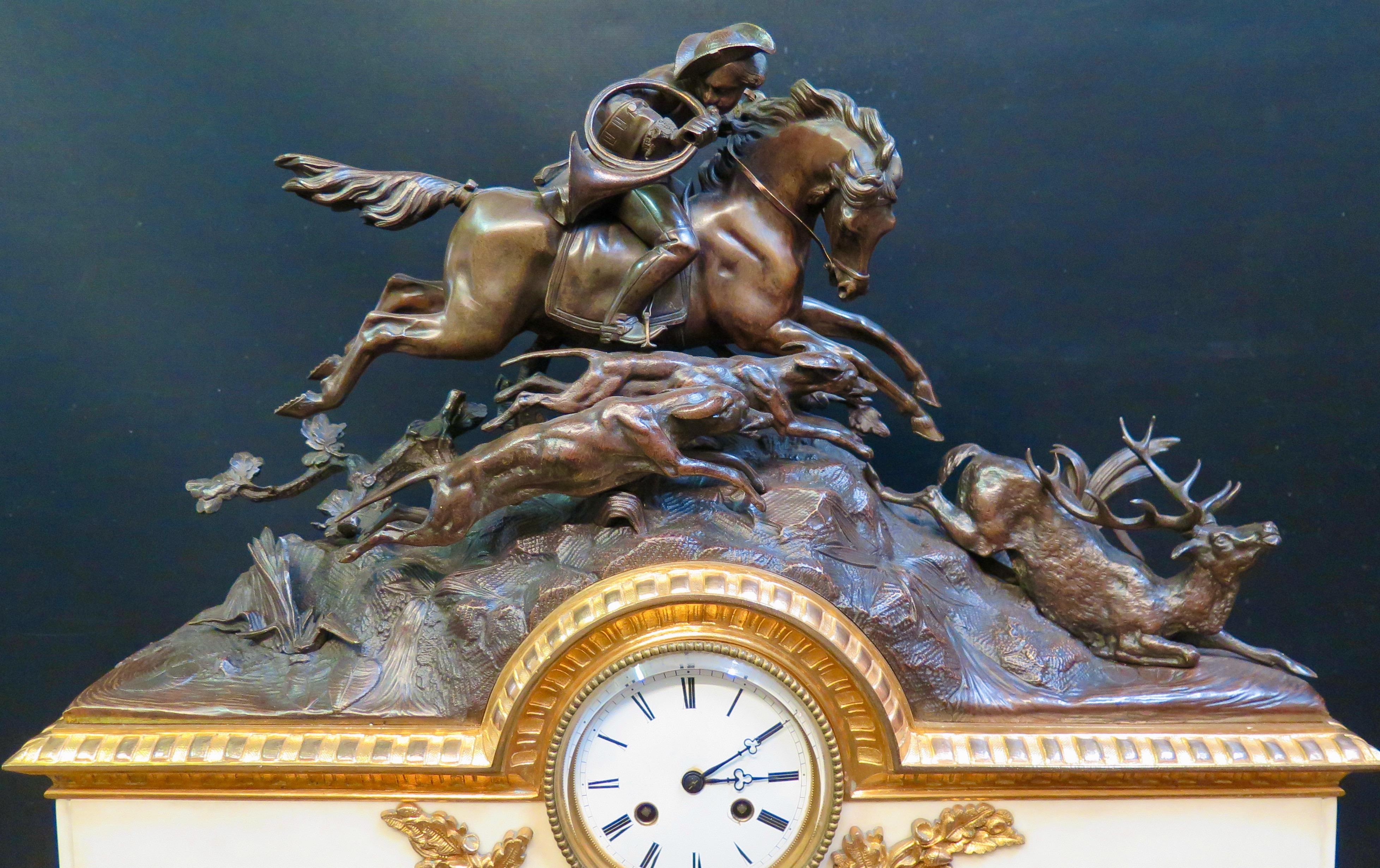 Equestrian Bronze & Marble Mantle Clock For Sale 8