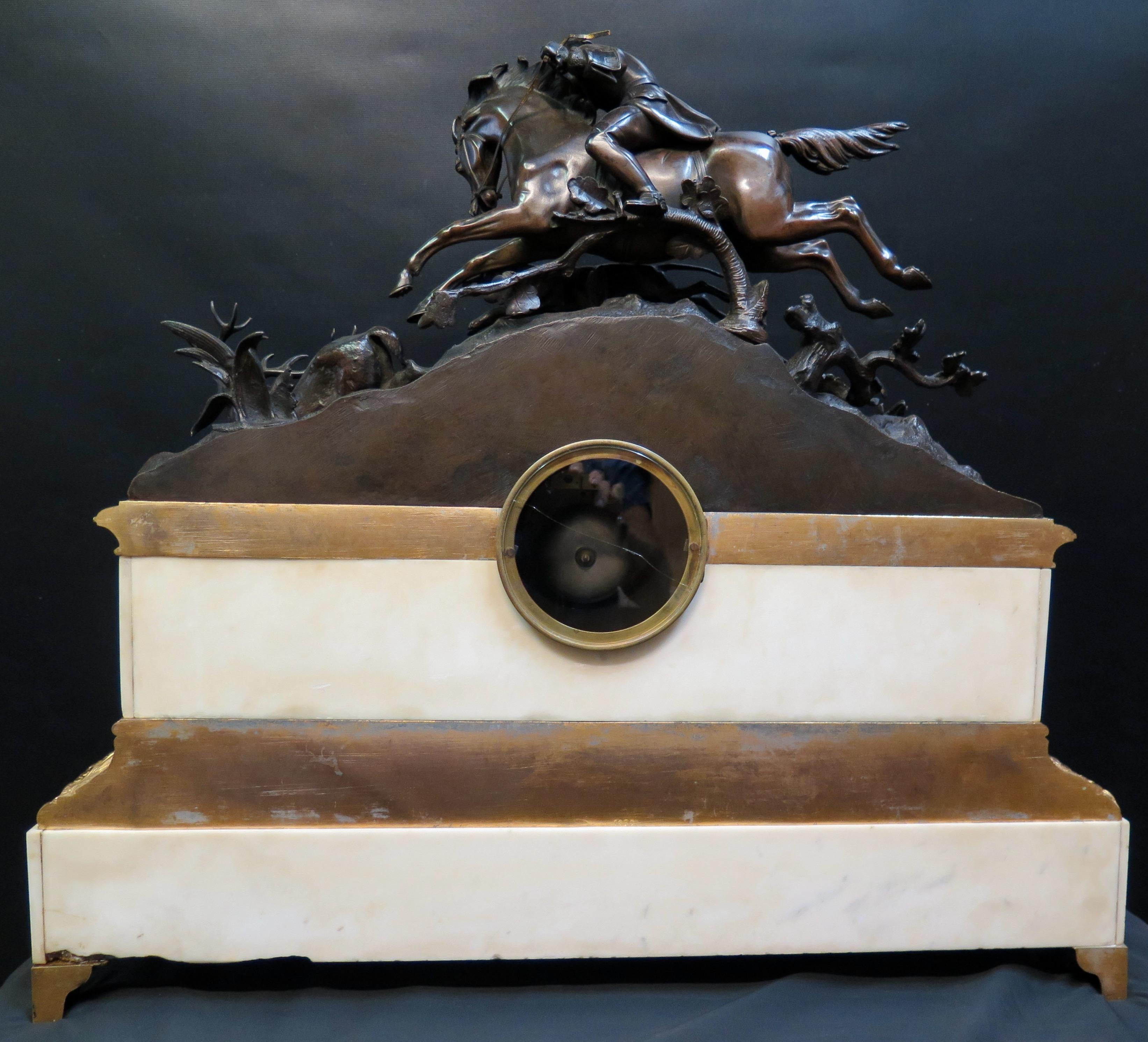 Equestrian Bronze & Marble Mantle Clock For Sale 2