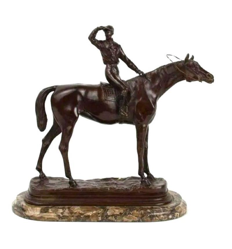 A late 19th century equestrian bronze of a jockey on horseback by Pierre Jules Mene (1810-1879) signed 