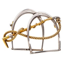 Antique Equestrian Brooch, Two Stirrups & Crop in Platinum and Gold, English circa 1920