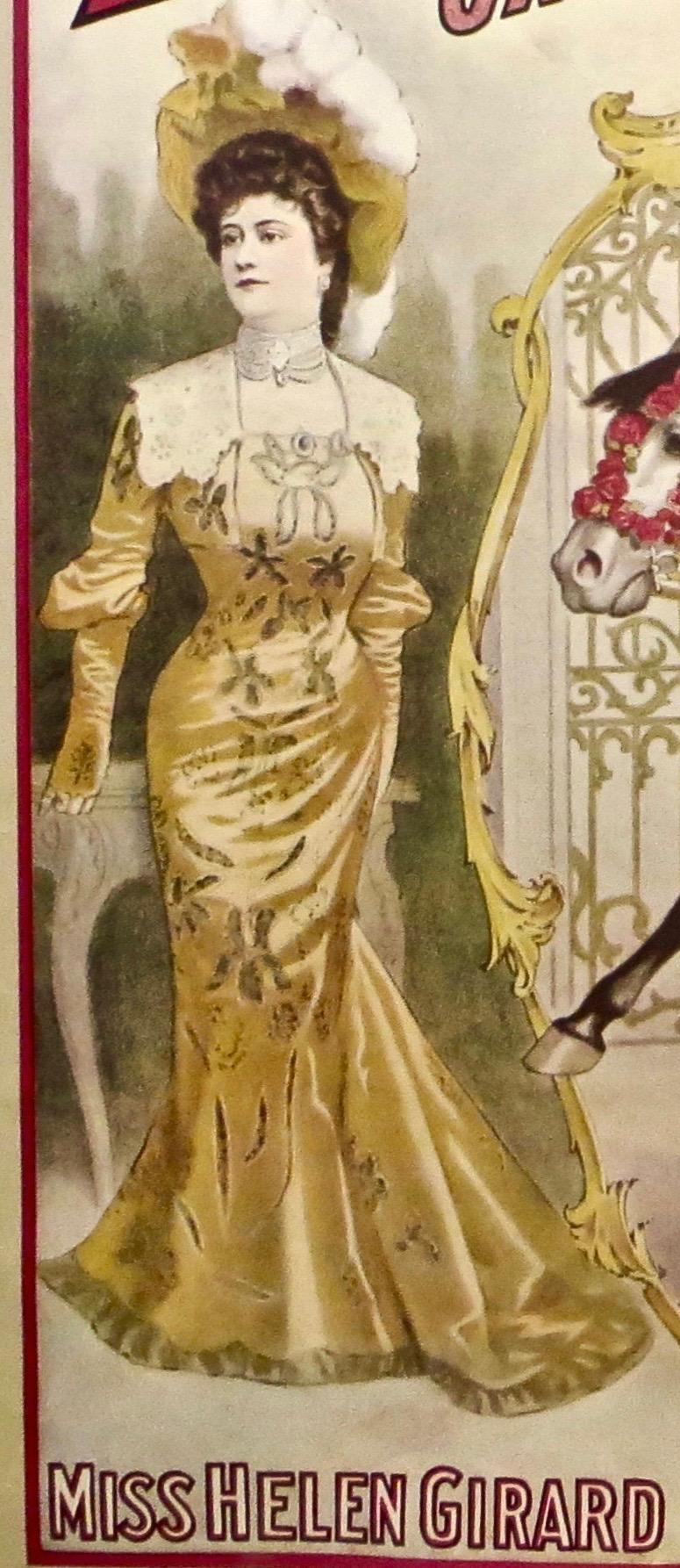 C'è molto da fare in questo poster da circo a tema equestre, luminoso e colorato, che ritrae la famosa artista circense dei primi del Novecento 