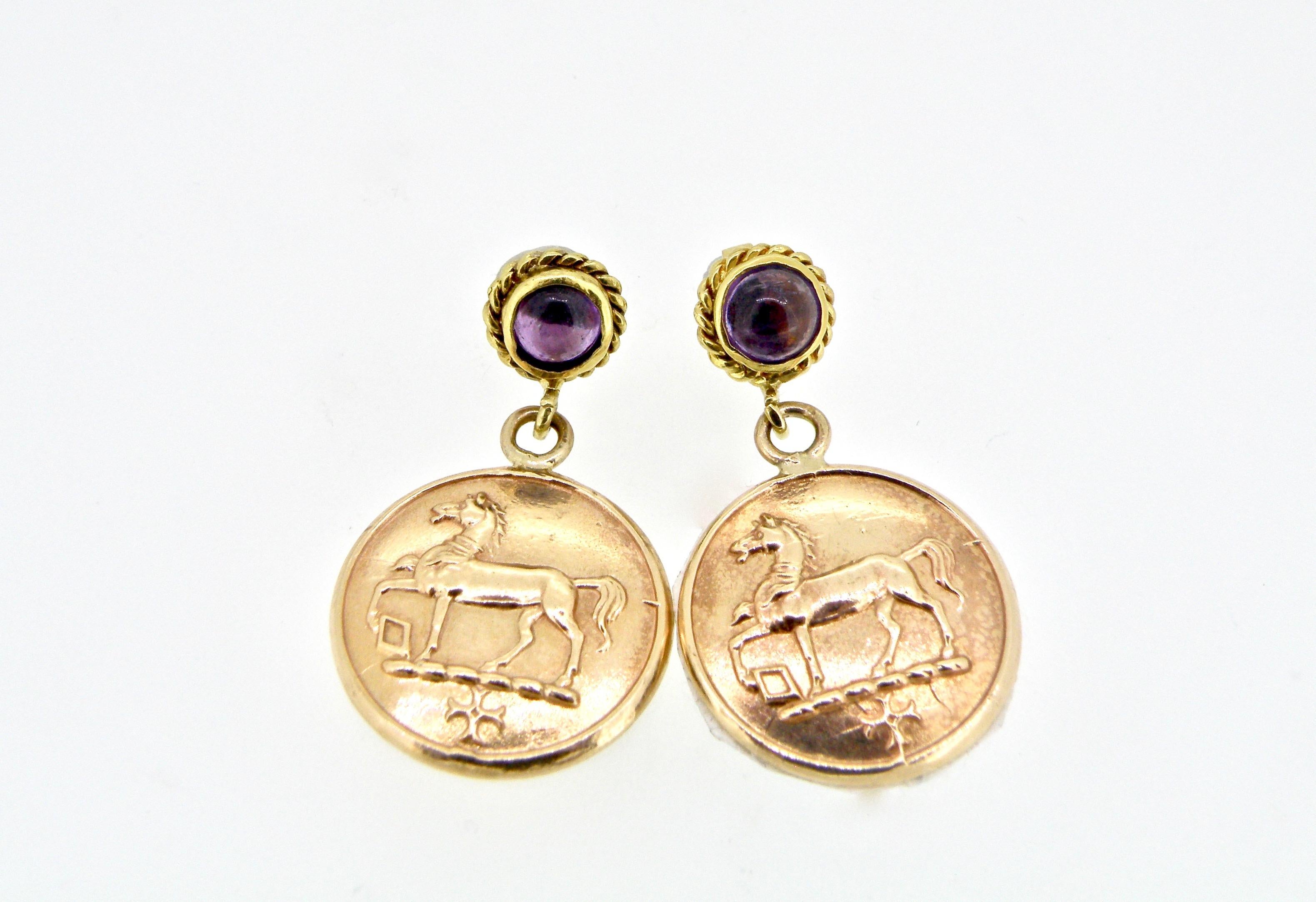 Contemporary Equestrian Coin Drop Earrings with Amethyst Cabochons