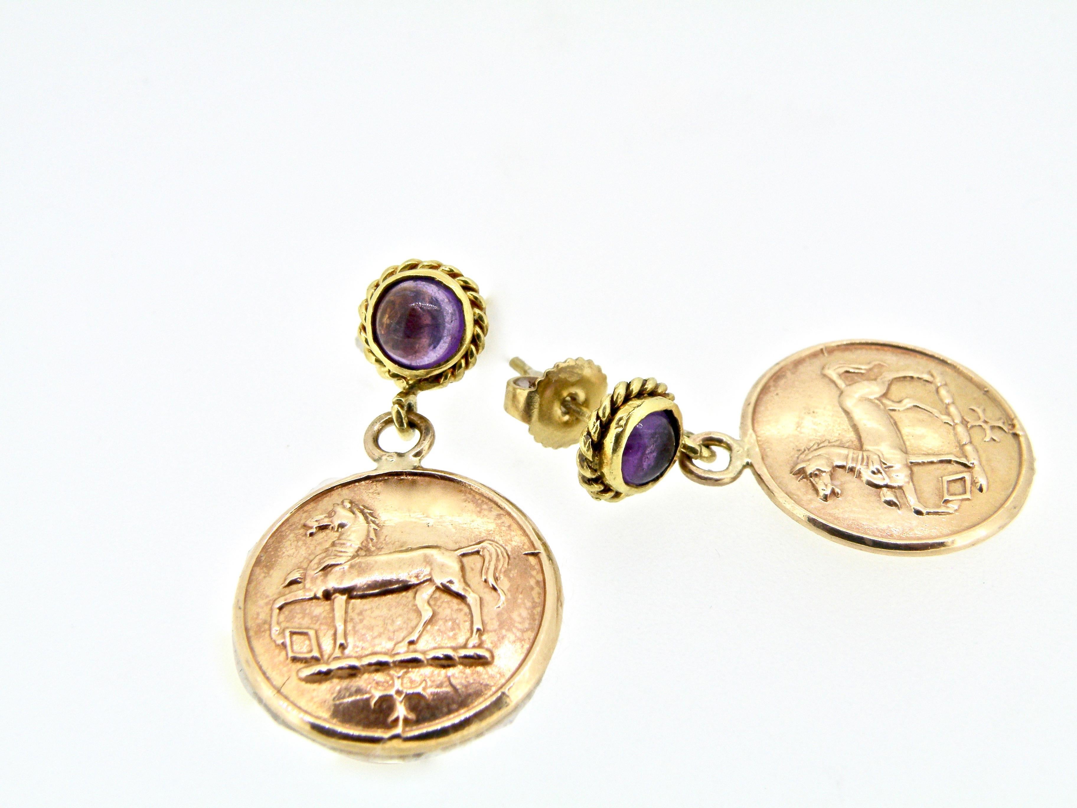 Equestrian Coin Drop Earrings with Amethyst Cabochons In New Condition In Cohasset, MA