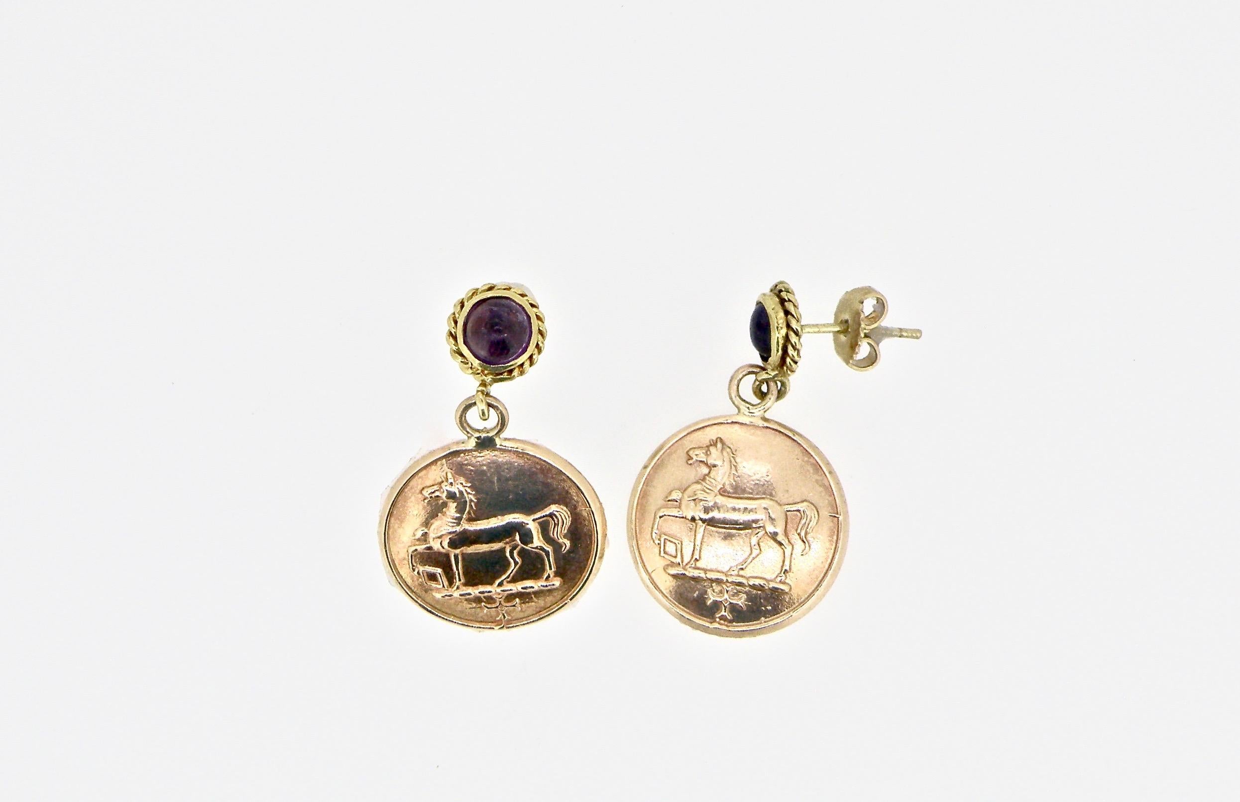 Women's Equestrian Coin Drop Earrings with Amethyst Cabochons