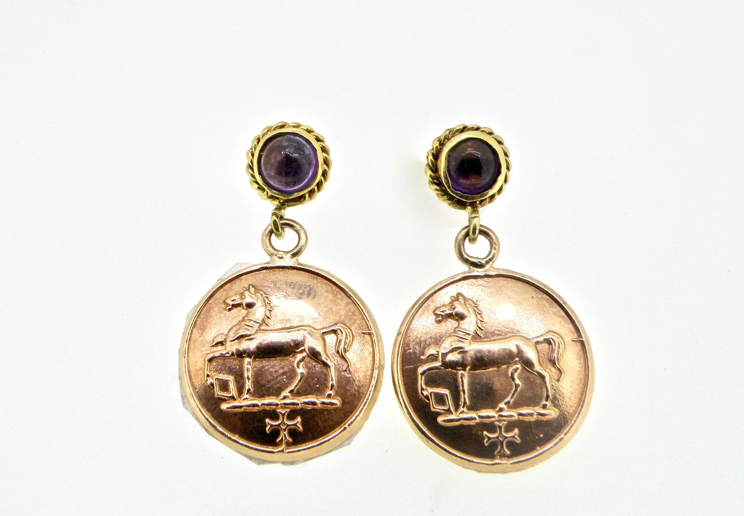 Equestrian Coin Drop Earrings with Amethyst Cabochons 1