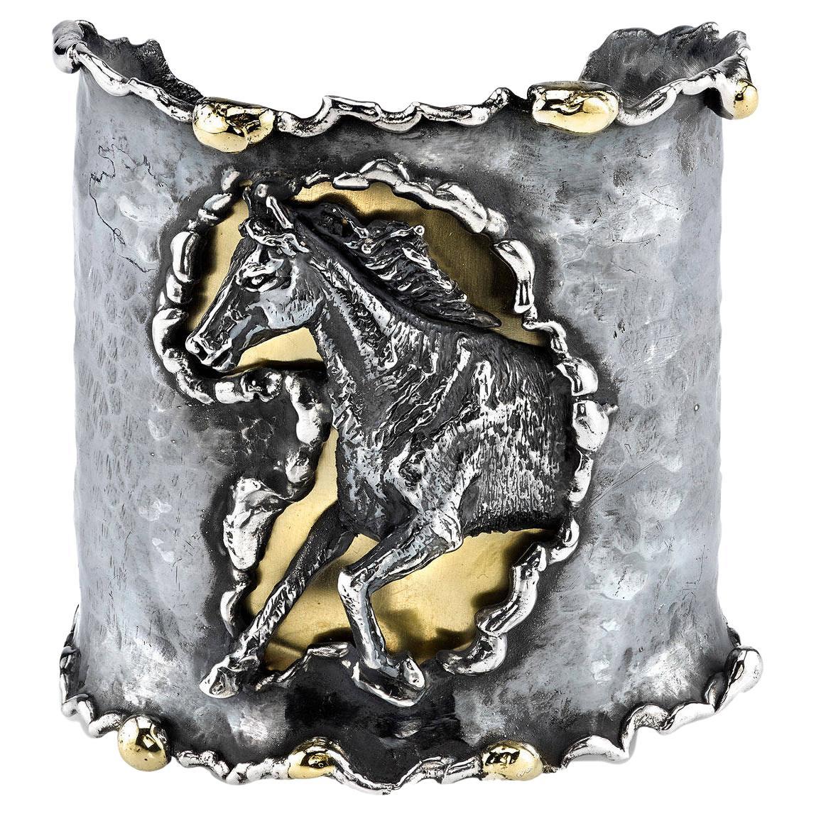 Horse Cuff Bracelet Made of 18 Karat Yellow and Organic Silver