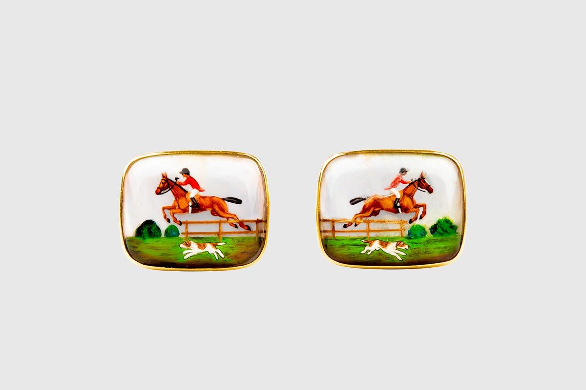 Men's Equestrian Cufflinks of a Hunting Scene in Crystal Mounted in Gold English, 1960 For Sale