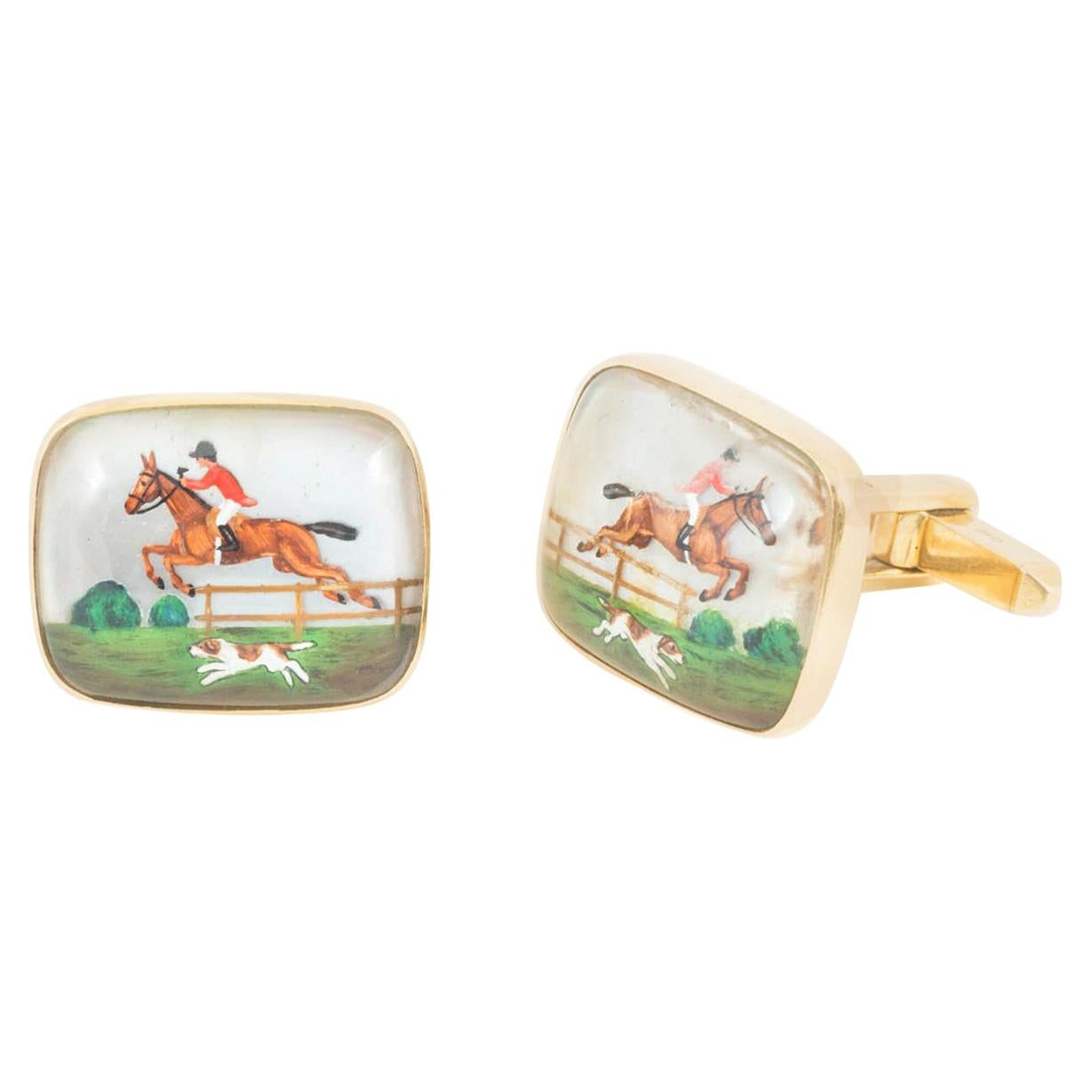 Equestrian Cufflinks of a Hunting Scene in Crystal Mounted in Gold English, 1960 For Sale