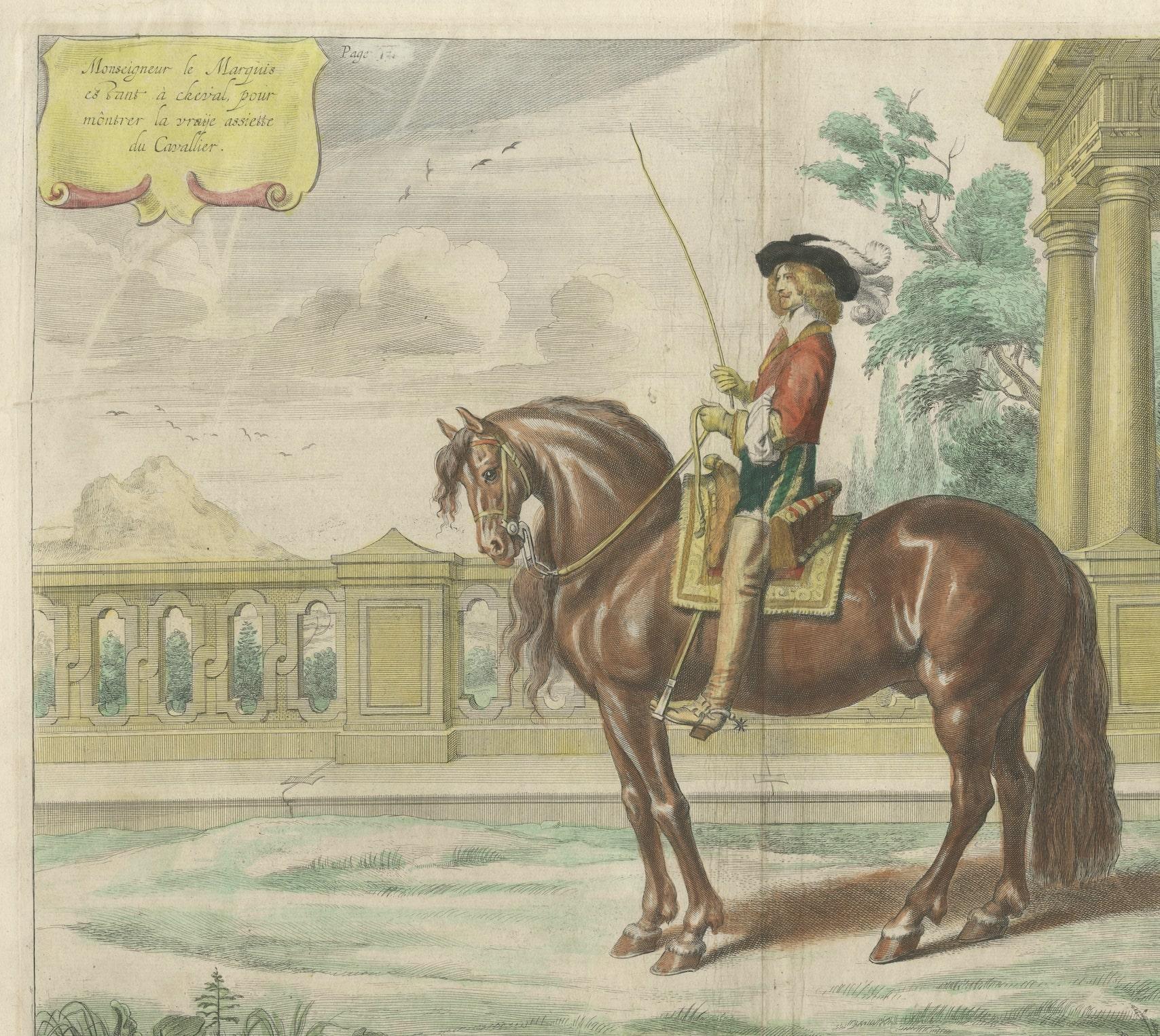 Engraved Equestrian Dressage Horse Print Original Handcolored Antique Engraving , 1743  For Sale