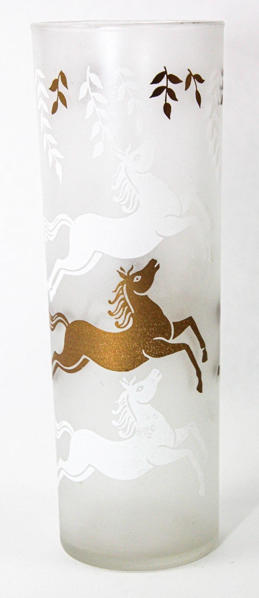 Equestrian Frosted and Gold Drink Glasses Cavalcade by Libbey Galloping Horses For Sale 2