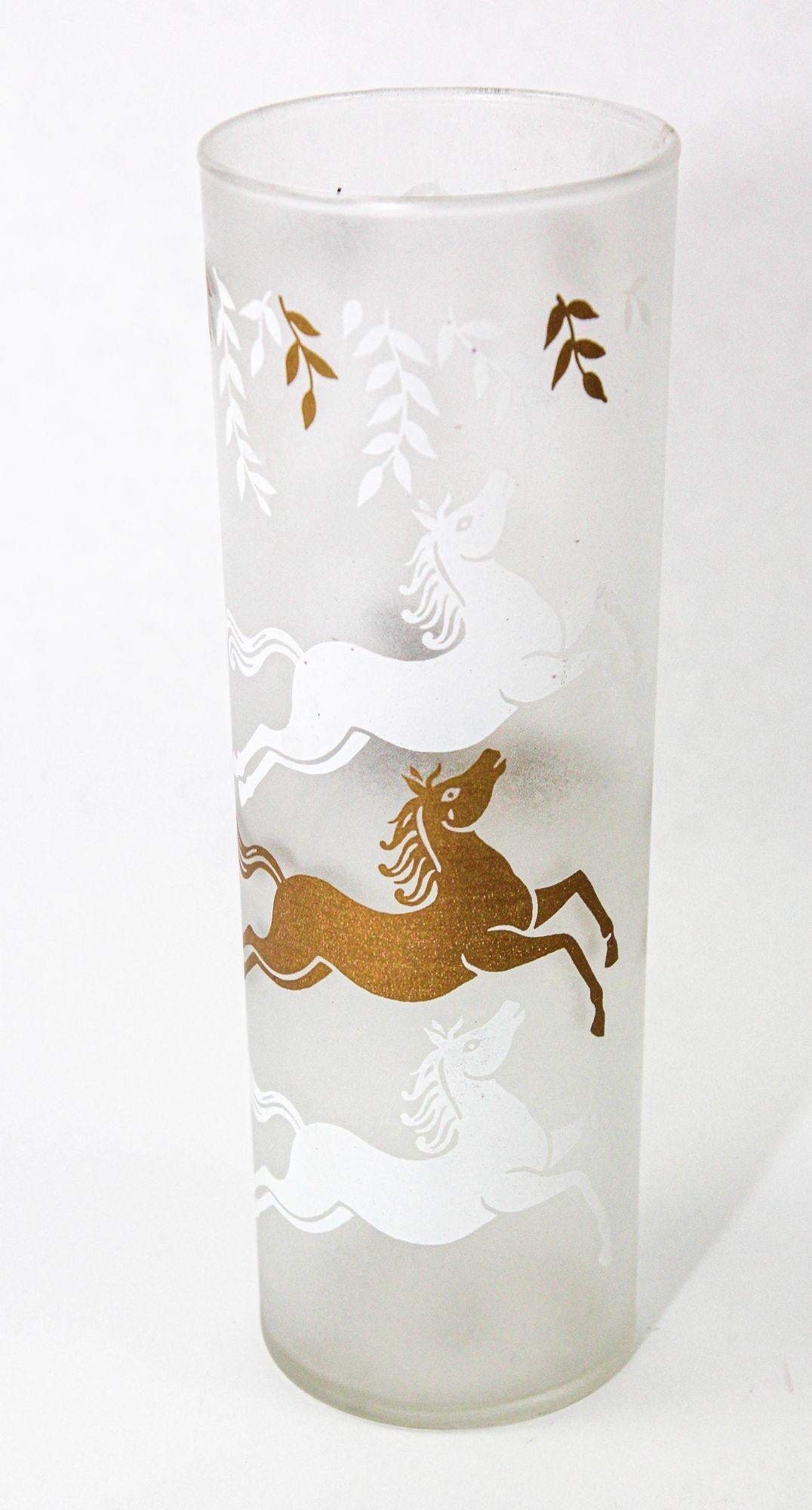 Equestrian Frosted and Gold Drink Glasses Cavalcade by Libbey Galloping Horses For Sale 5
