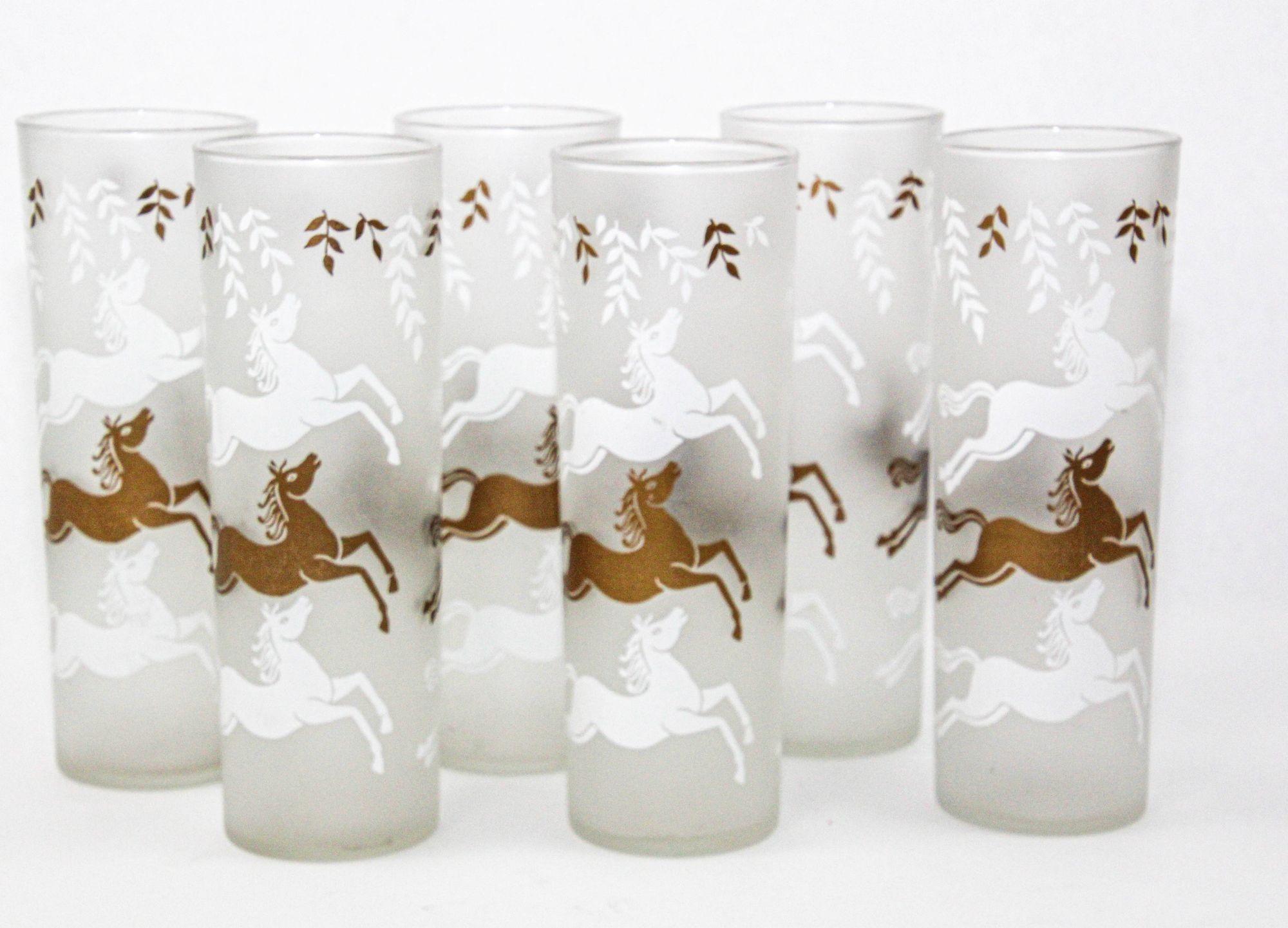 Equestrian Frosted and Gold Drink Glasses Cavalcade by Libbey Galloping Horses For Sale 6