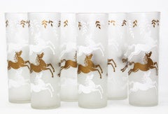 Equestrian Frosted and Gold Drink Glasses Cavalcade by Libbey Galloping Horses