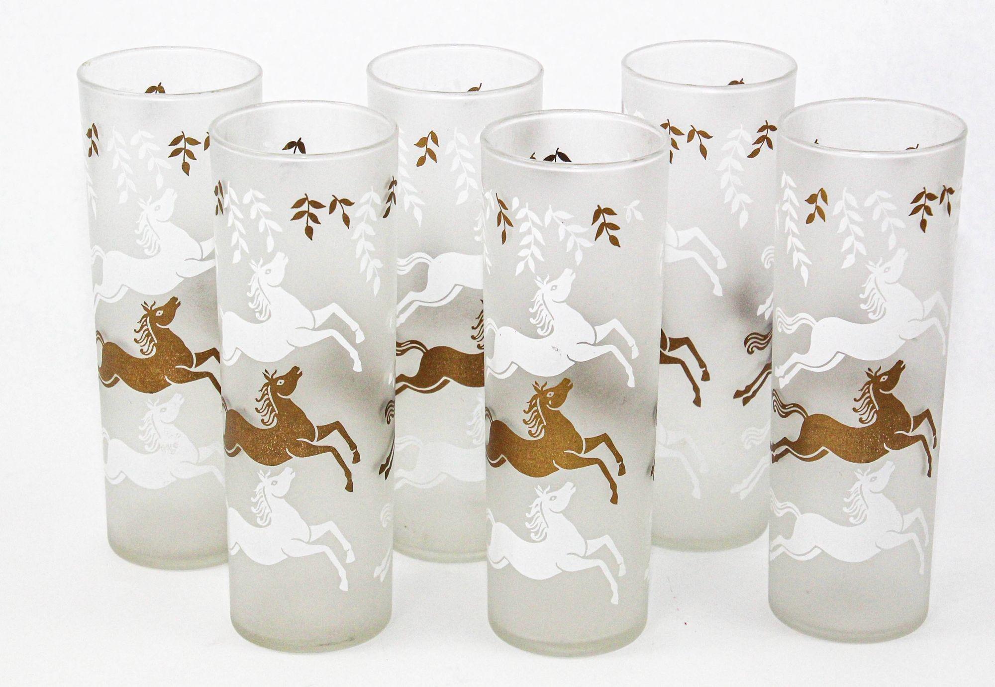 Hollywood Regency Equestrian Frosted and Gold Drink Glasses Cavalcade by Libbey Galloping Horses For Sale
