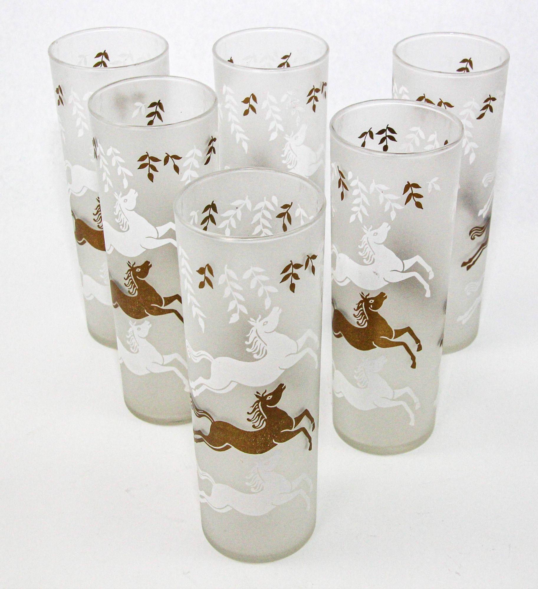 American Equestrian Frosted and Gold Drink Glasses Cavalcade by Libbey Galloping Horses For Sale