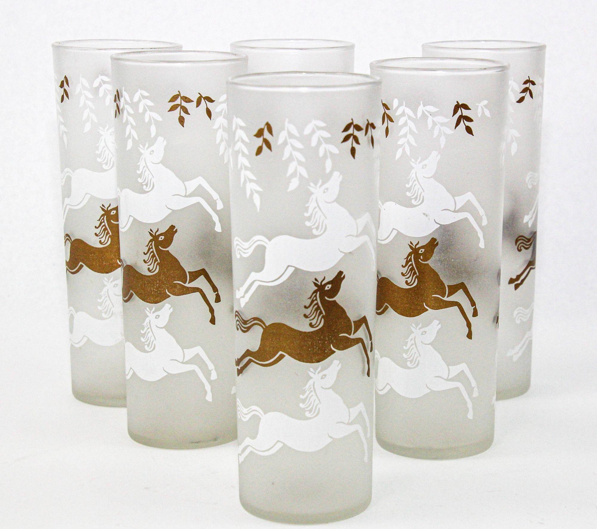 American Equestrian Frosted and Gold Drink Glasses Cavalcade by Libbey Galloping Horses For Sale