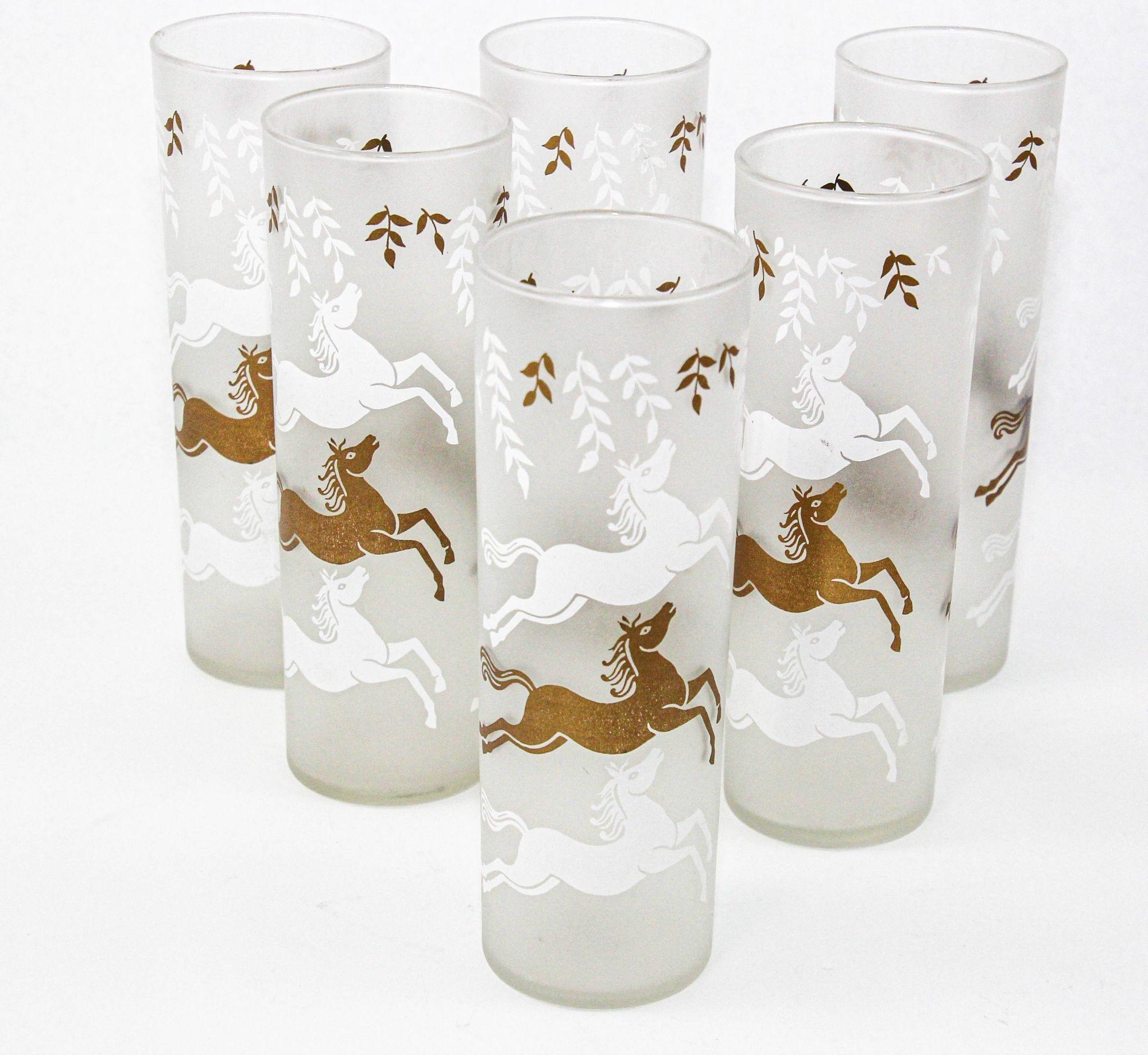 20th Century Equestrian Frosted and Gold Drink Glasses Cavalcade by Libbey Galloping Horses For Sale