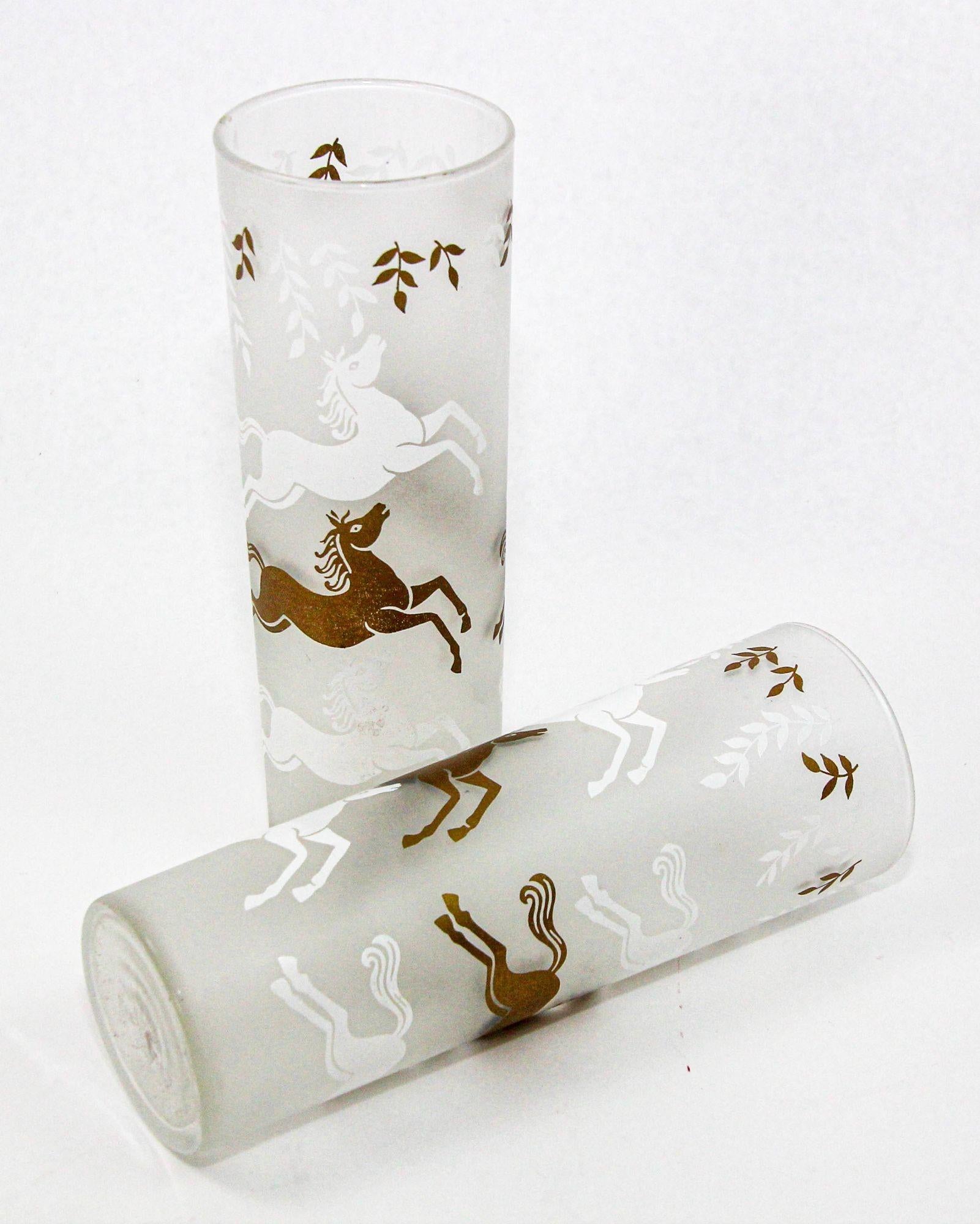 Art Glass Equestrian Frosted and Gold Drink Glasses Cavalcade by Libbey Galloping Horses For Sale