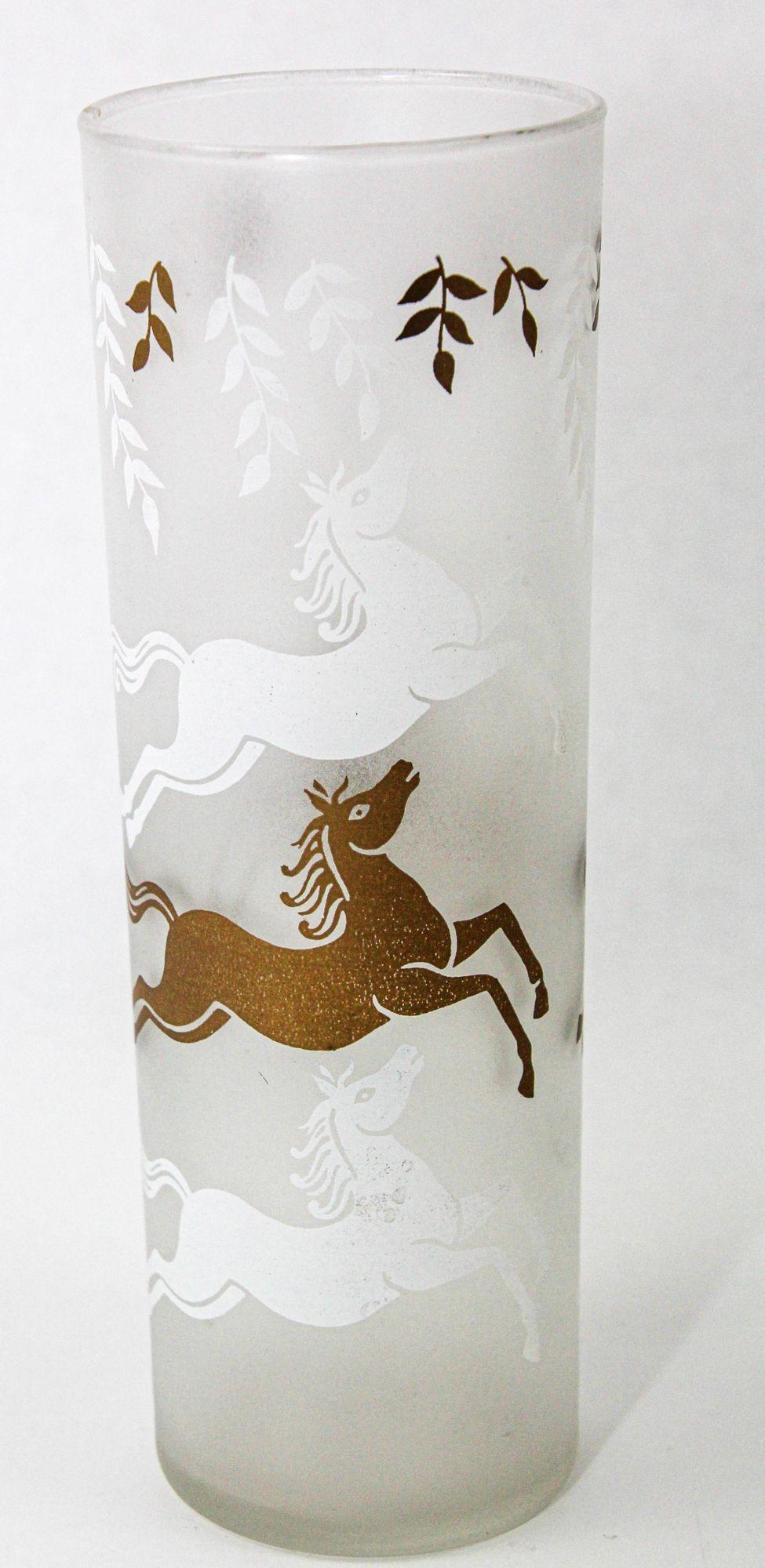 Equestrian Frosted and Gold Drink Glasses Cavalcade by Libbey Galloping Horses For Sale 1